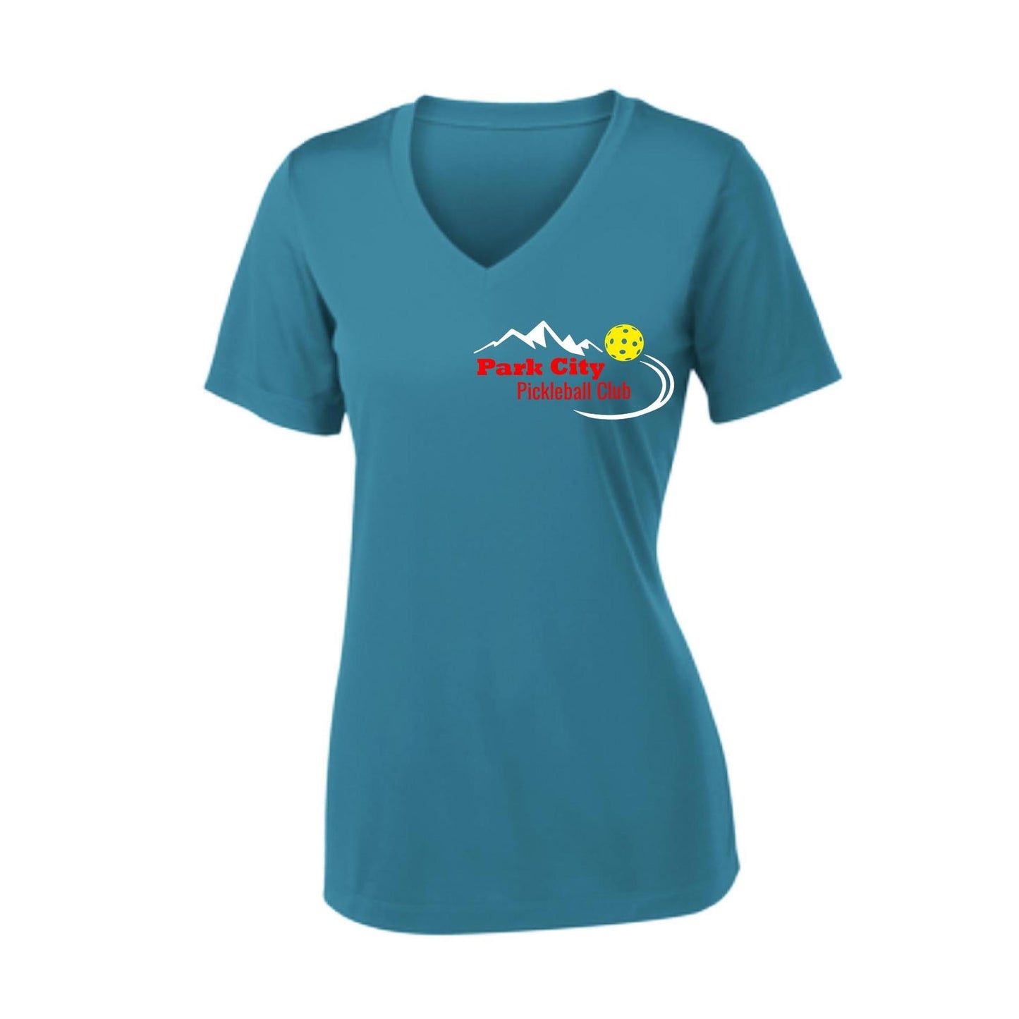 Park City Pickleball Club (Red Words) Customizable | Women's Short Sleeve V-Neck Pickleball Performance T-Shirts | 100% Polyester