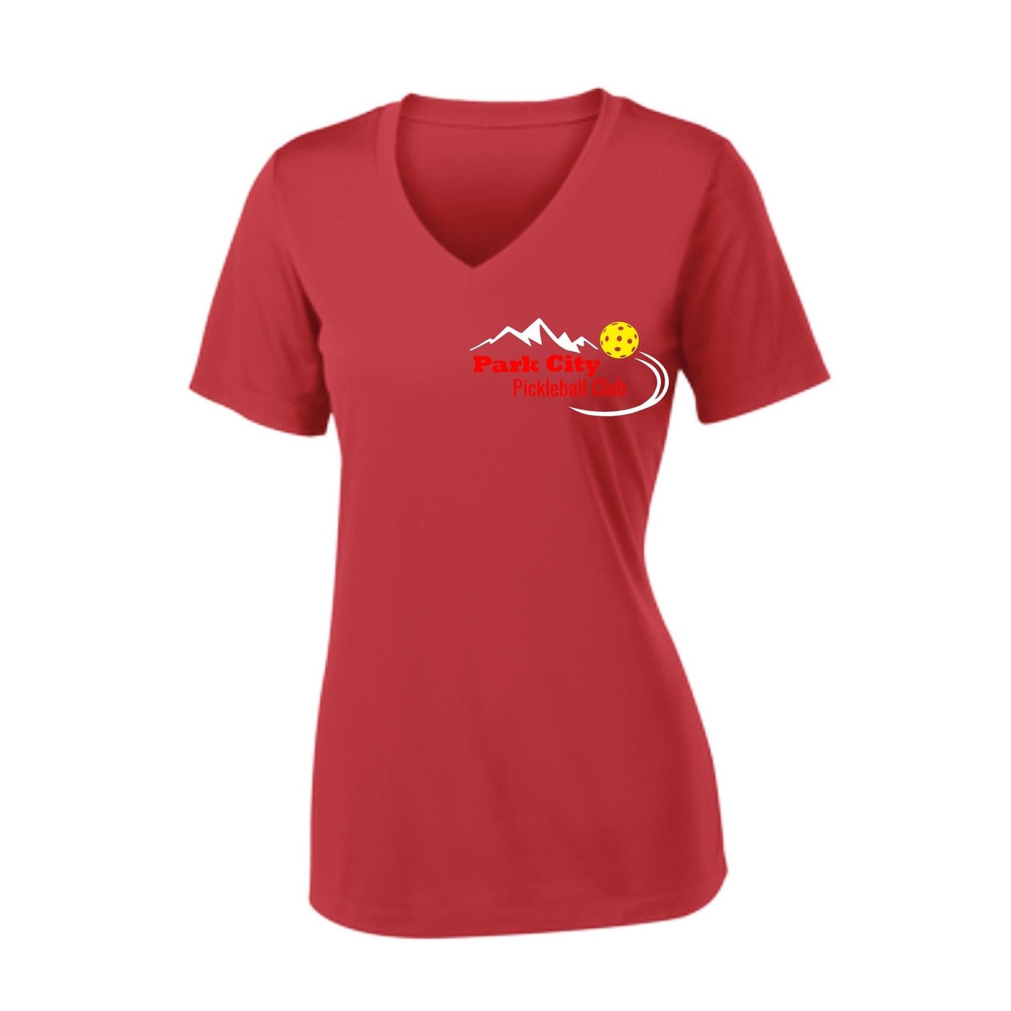 Park City Pickleball Club (Red Words) Customizable | Women's Short Sleeve V-Neck Pickleball Performance T-Shirts | 100% Polyester