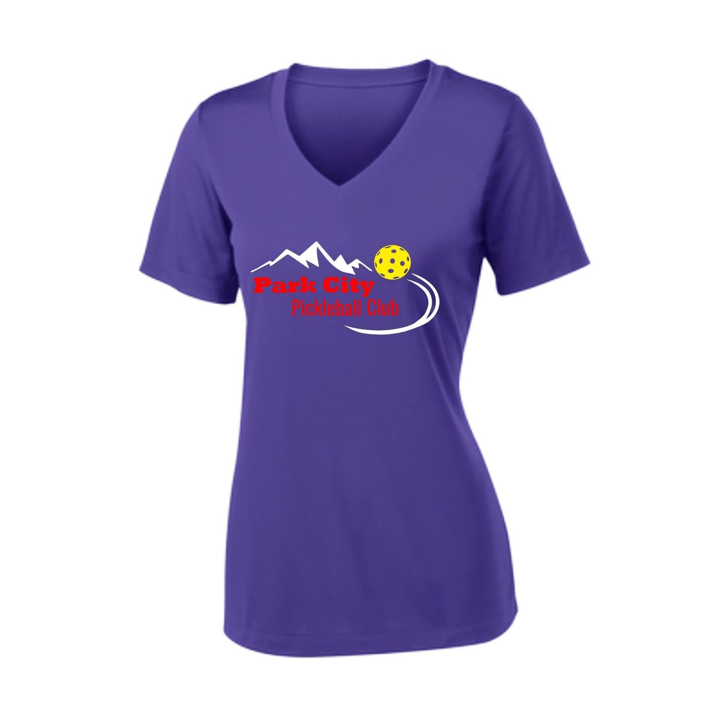 Park City Pickleball Club (Red Words) Customizable | Women's Short Sleeve V-Neck Pickleball Performance T-Shirts | 100% Polyester