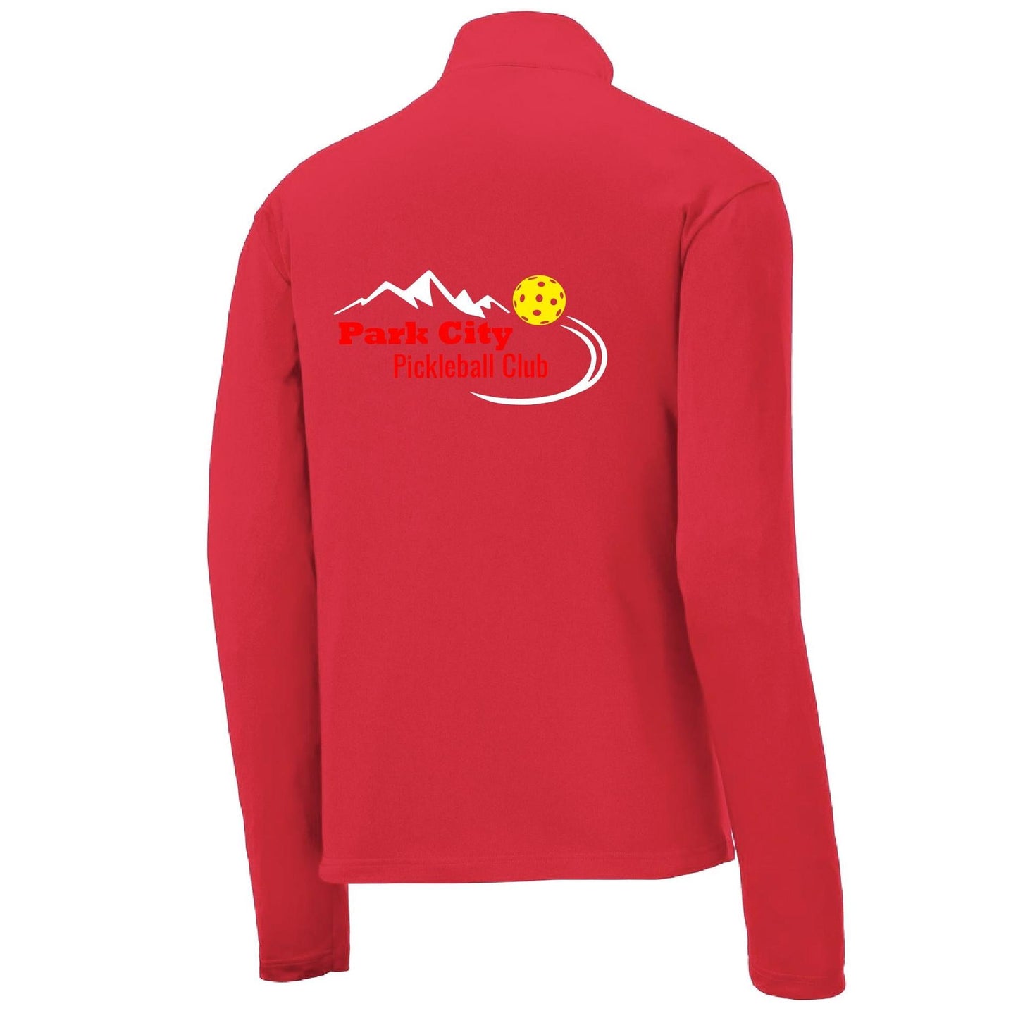 Park City Pickleball Club (Red Words) | Men's 1/4 Zip Long Sleeve Pullover Athletic Performance Shirt | 100% Polyester