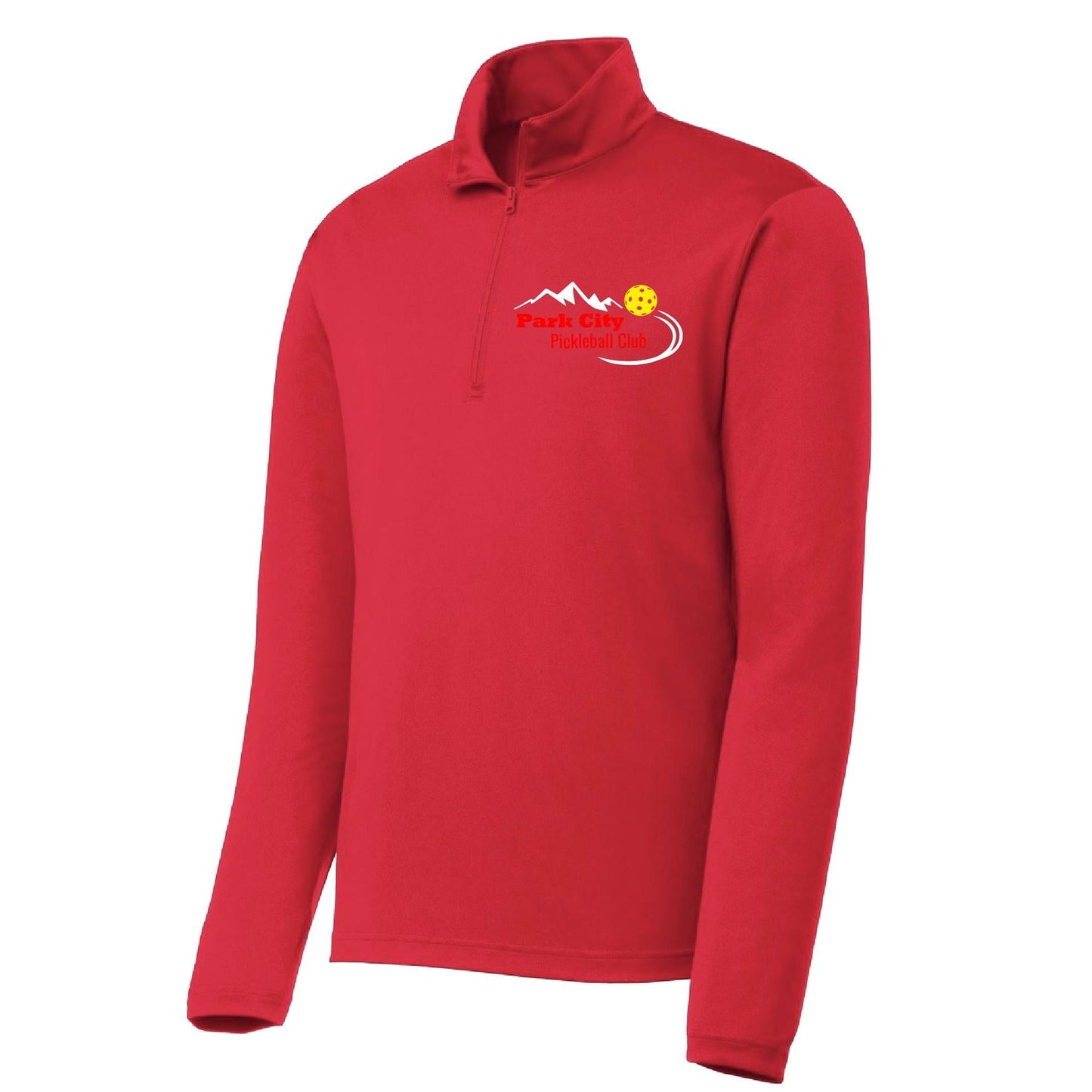 Park City Pickleball Club (Red Words) | Men's 1/4 Zip Long Sleeve Pullover Athletic Performance Shirt | 100% Polyester