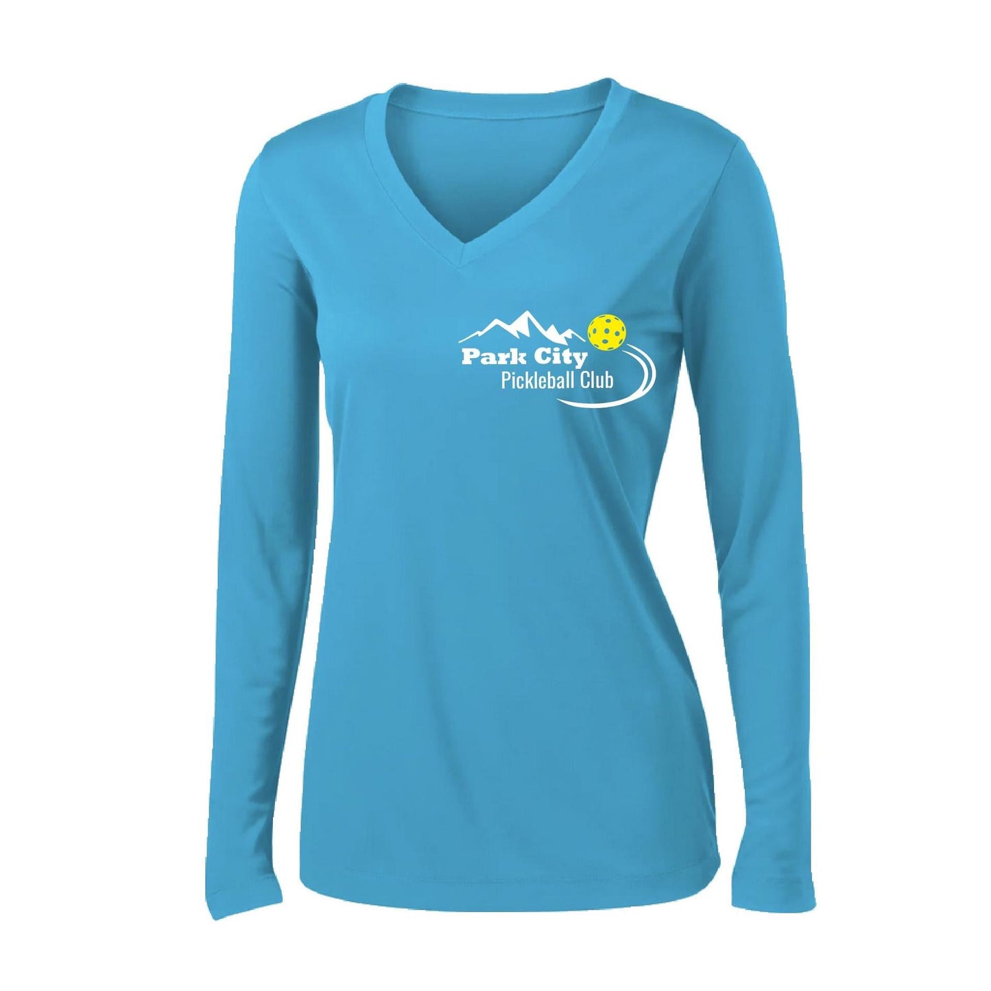Park City Pickleball Club (White) | Women's Long Sleeve V-Neck Pickleball Performance T-Shirts | 100% Polyester
