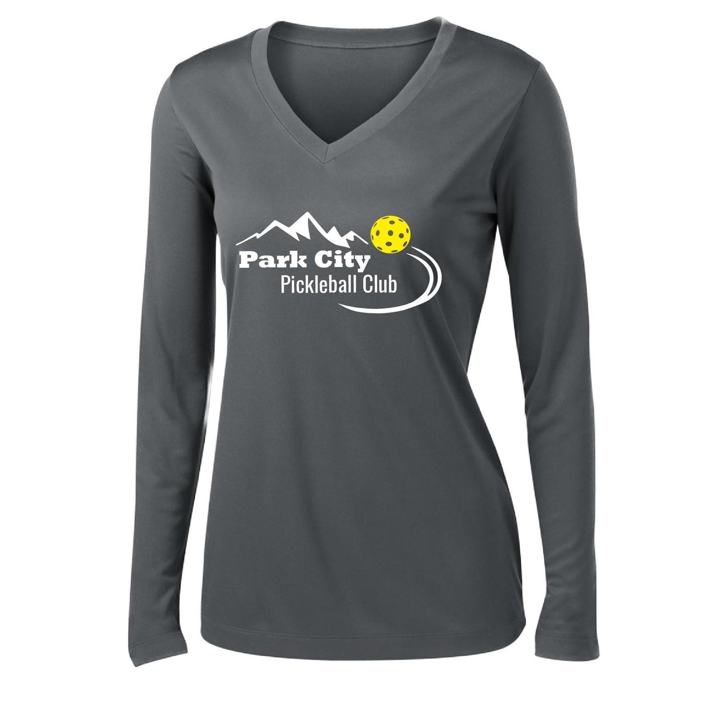 Park City Pickleball Club (White) | Women's Long Sleeve V-Neck Pickleball Performance T-Shirts | 100% Polyester
