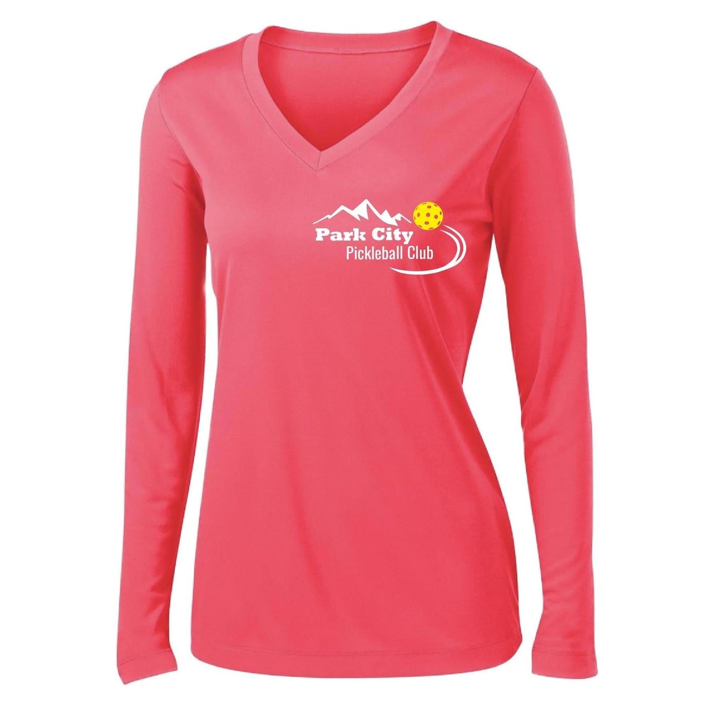 Park City Pickleball Club (White) | Women's Long Sleeve V-Neck Pickleball Performance T-Shirts | 100% Polyester