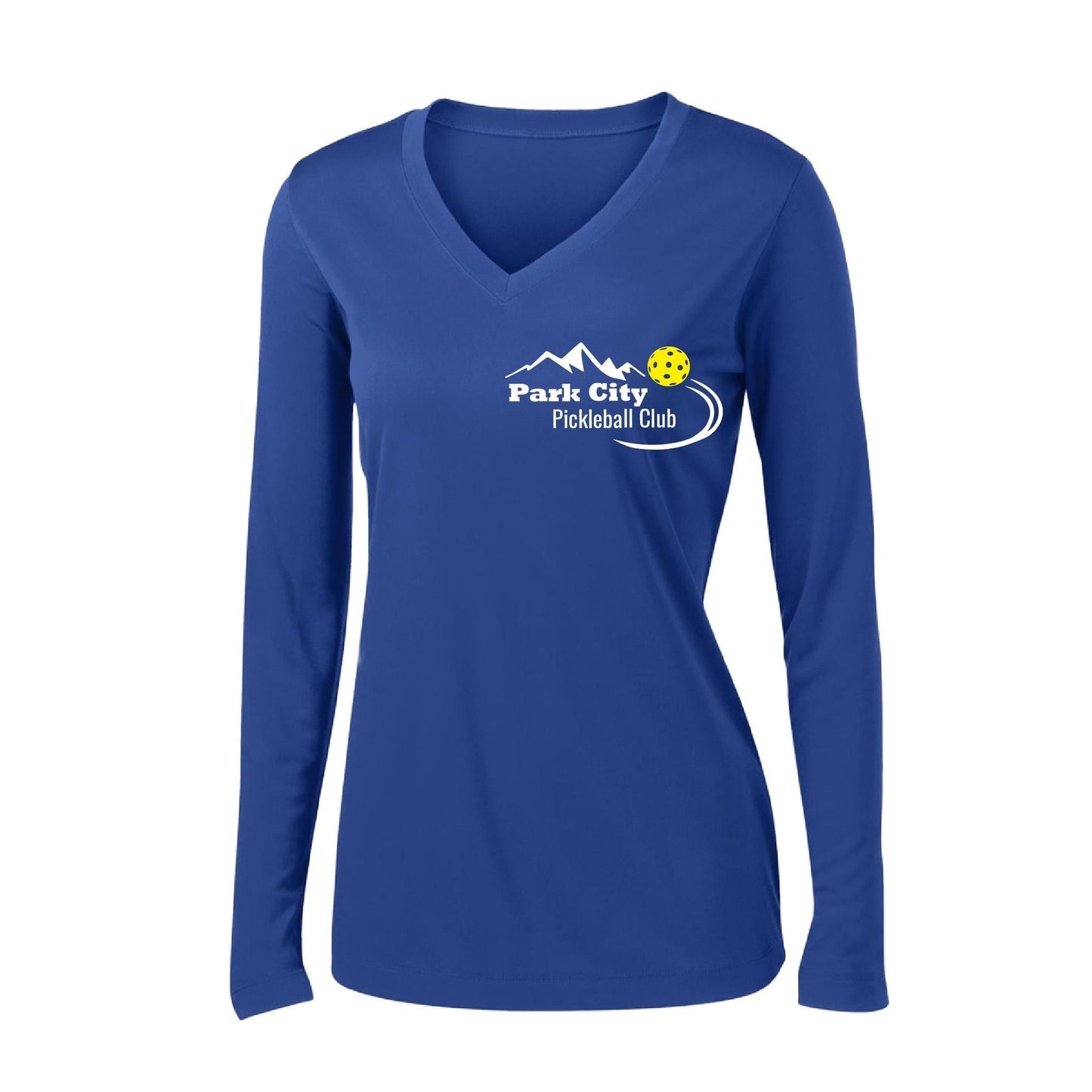 Park City Pickleball Club (White) | Women's Long Sleeve V-Neck Pickleball Performance T-Shirts | 100% Polyester