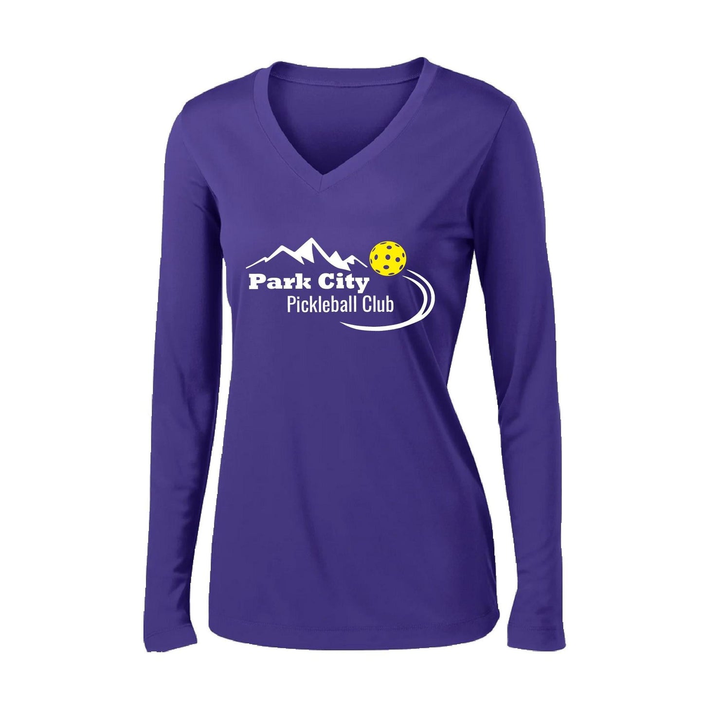 Park City Pickleball Club (White) | Women's Long Sleeve V-Neck Pickleball Performance T-Shirts | 100% Polyester