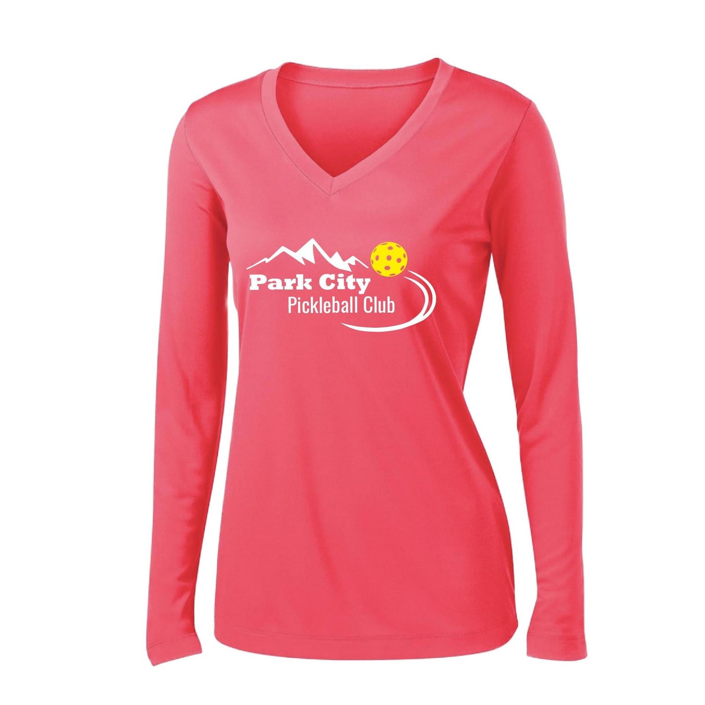 Park City Pickleball Club (White) | Women's Long Sleeve V-Neck Pickleball Performance T-Shirts | 100% Polyester