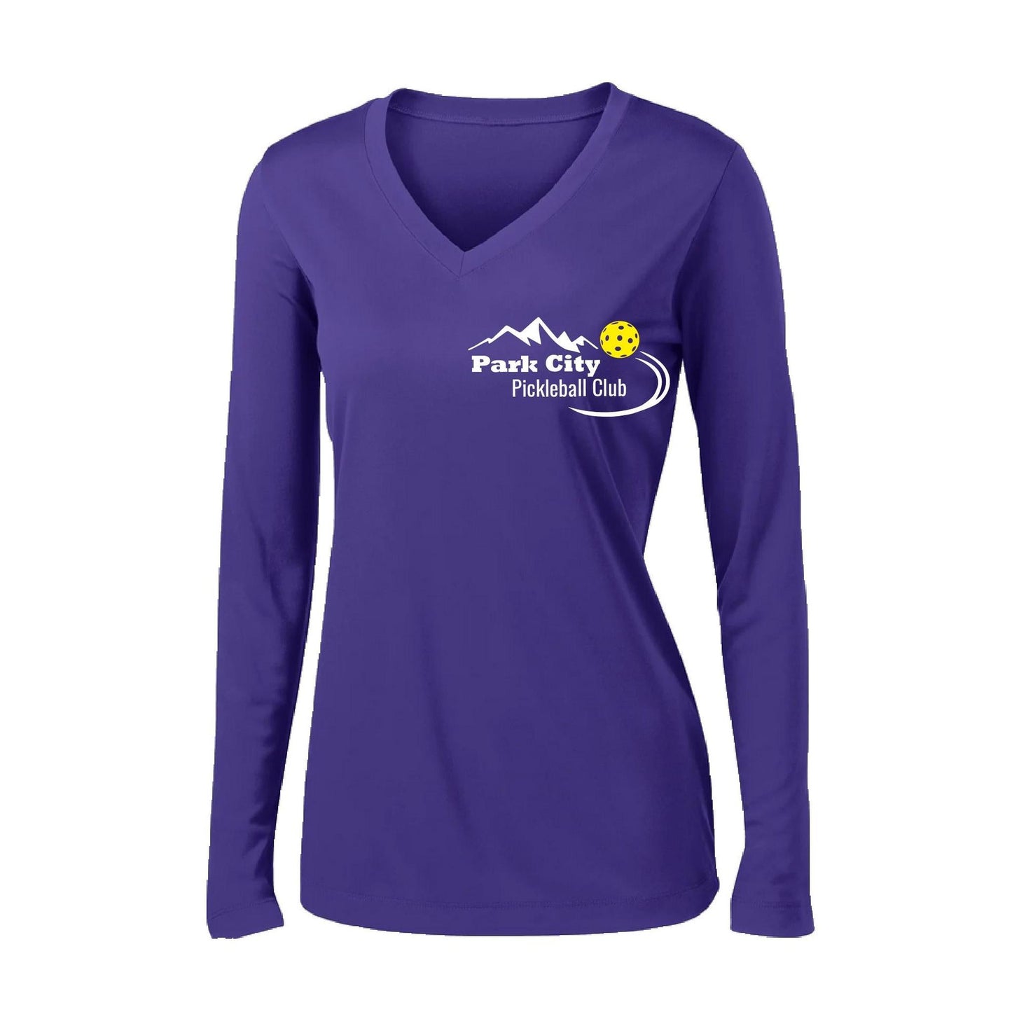 Park City Pickleball Club (White) | Women's Long Sleeve V-Neck Pickleball Performance T-Shirts | 100% Polyester
