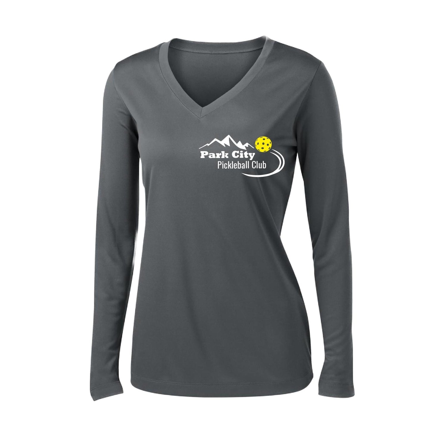 Park City Pickleball Club (White) | Women's Long Sleeve V-Neck Pickleball Performance T-Shirts | 100% Polyester
