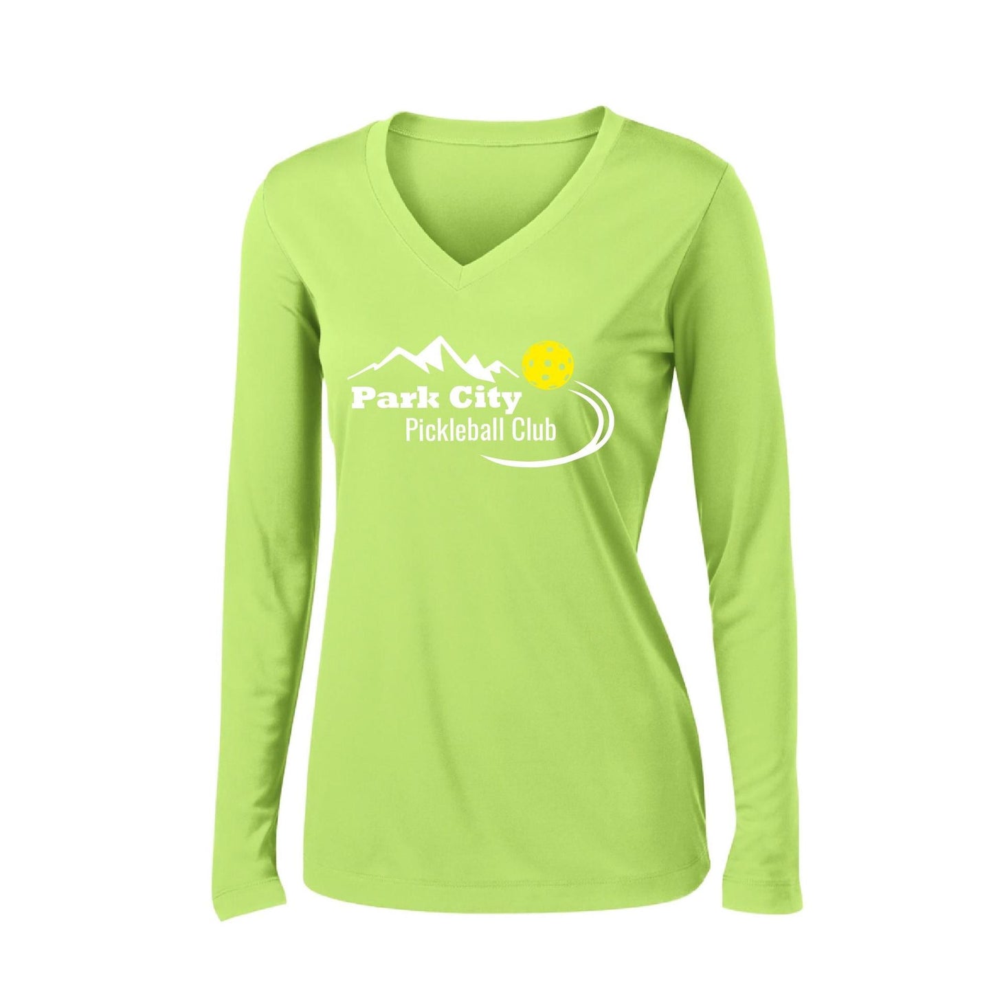 Park City Pickleball Club (White) | Women's Long Sleeve V-Neck Pickleball Performance T-Shirts | 100% Polyester