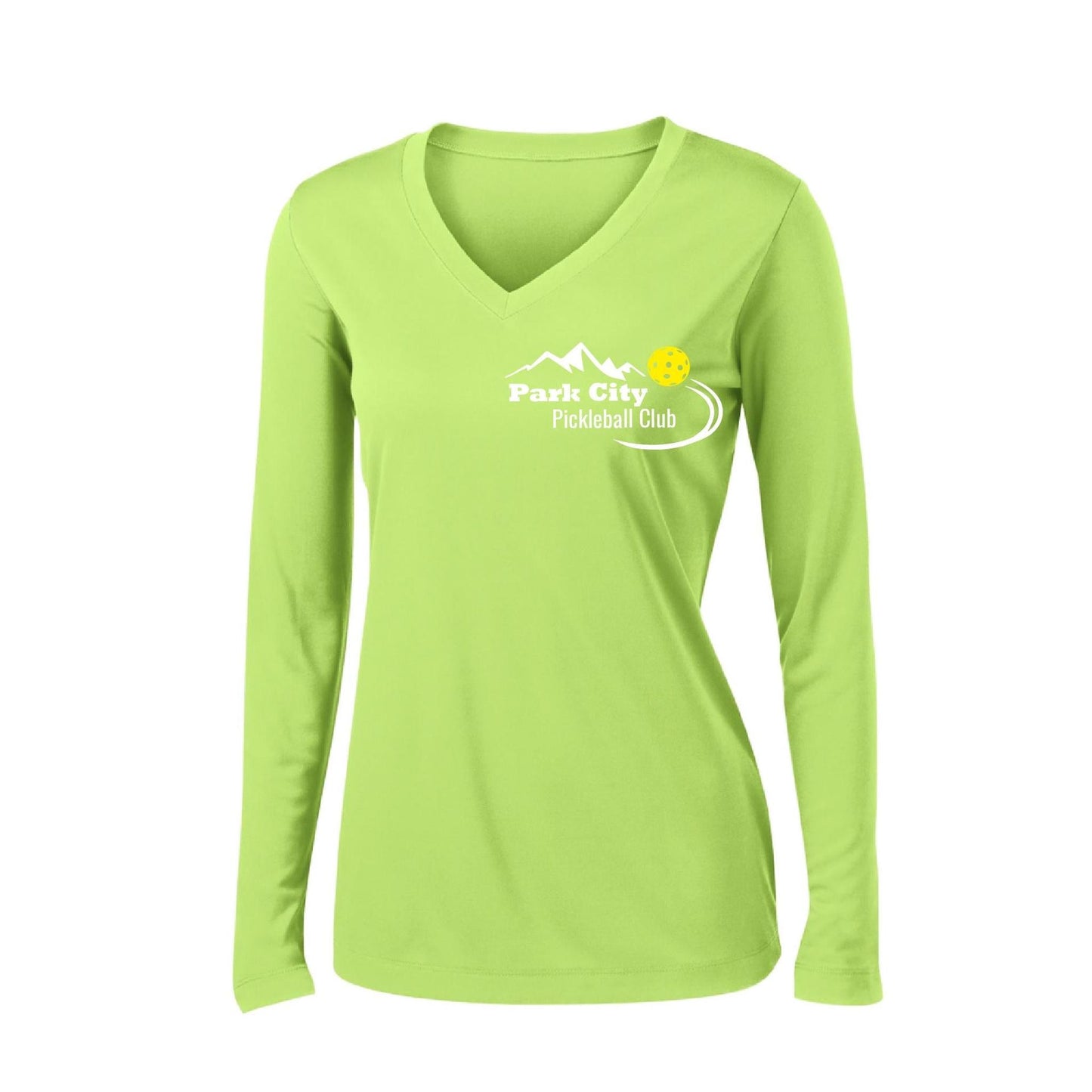 Park City Pickleball Club (White) | Women's Long Sleeve V-Neck Pickleball Performance T-Shirts | 100% Polyester