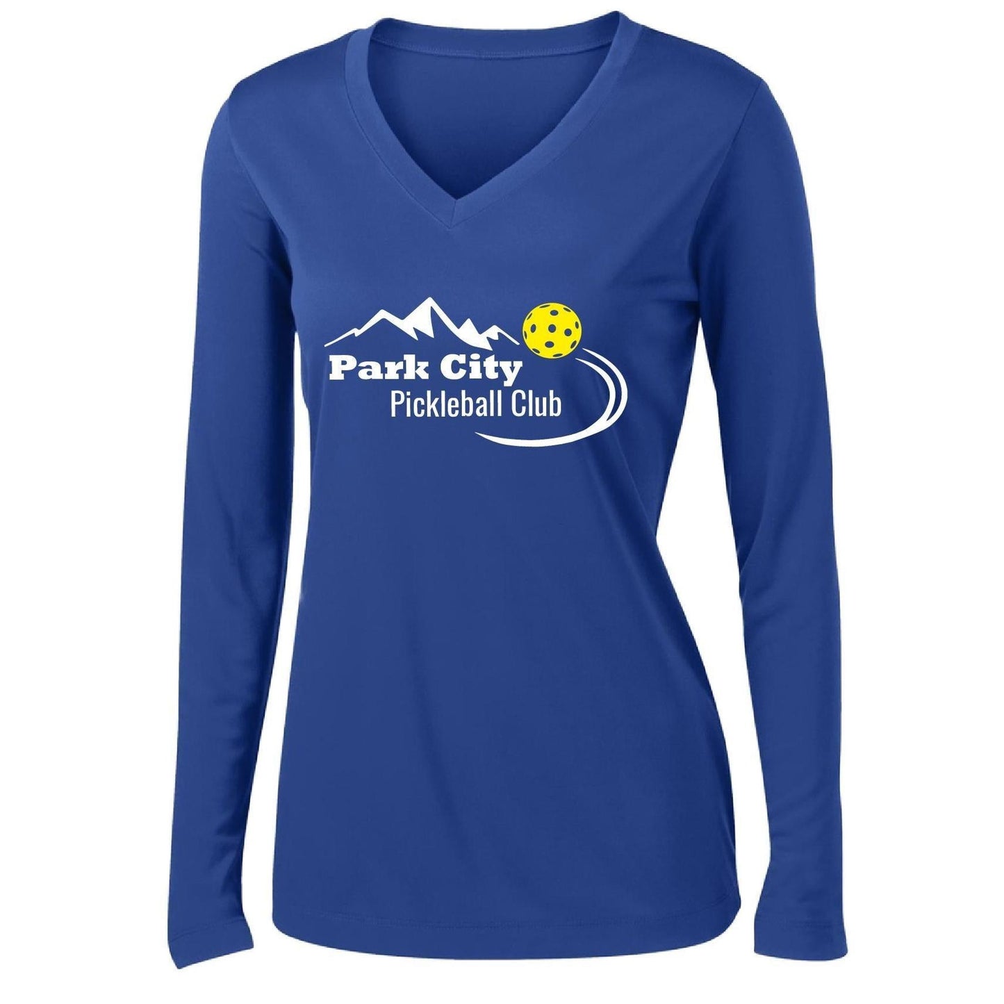 Park City Pickleball Club (White) | Women's Long Sleeve V-Neck Pickleball Performance T-Shirts | 100% Polyester