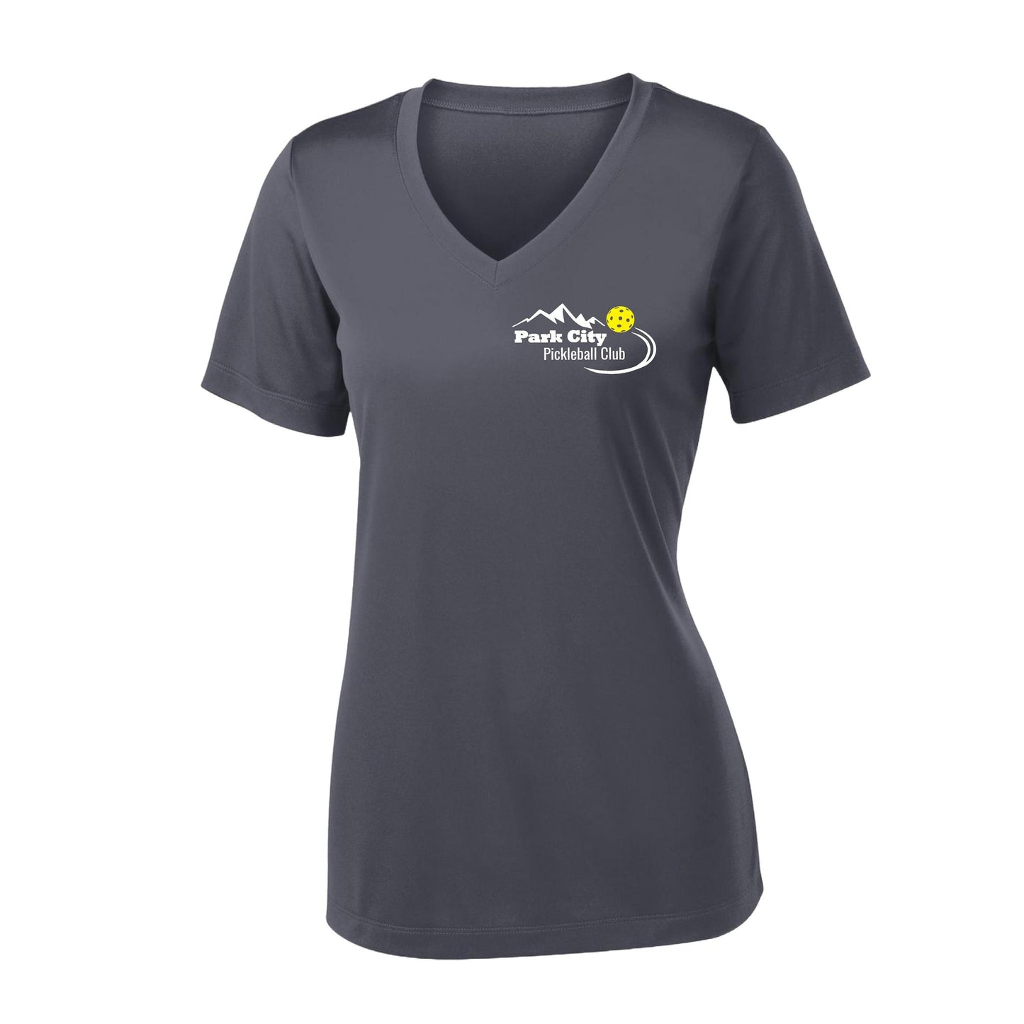 Park City Pickleball Club (White Words) Customizable | Women's Short Sleeve V-Neck Pickleball Performance T-Shirts | 100% Polyester