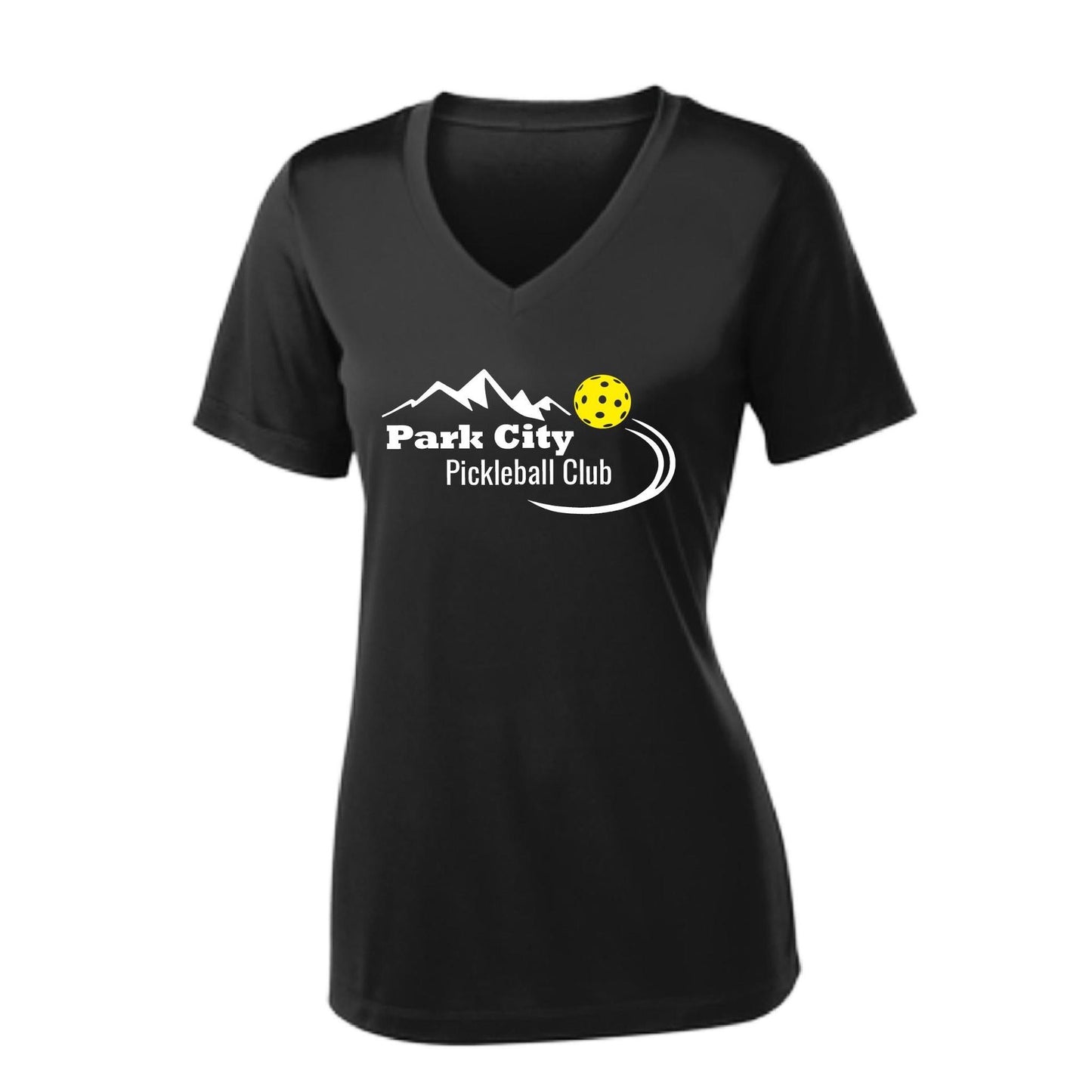 Park City Pickleball Club (White Words) Customizable | Women's Short Sleeve V-Neck Pickleball Performance T-Shirts | 100% Polyester