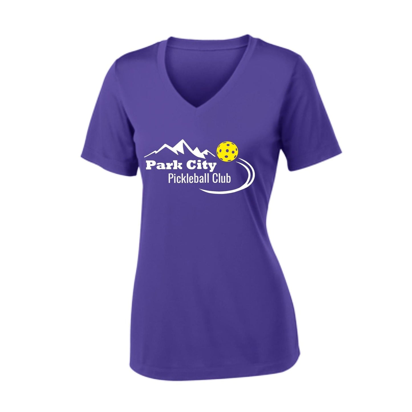 Park City Pickleball Club (White Words) Customizable | Women's Short Sleeve V-Neck Pickleball Performance T-Shirts | 100% Polyester