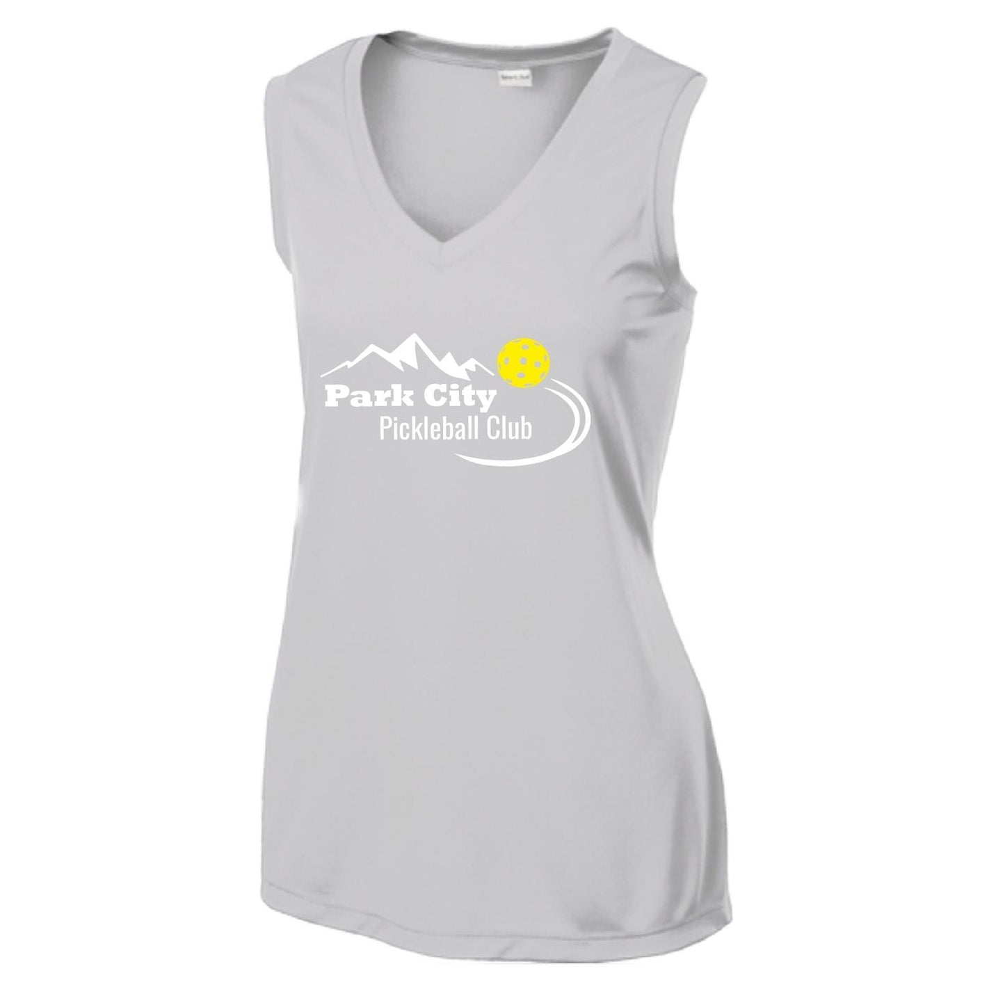 Park City Pickleball Club (White Words) Customizable | Women’s Sleeveless Athletic Performance T-Shirt | 100% Polyester
