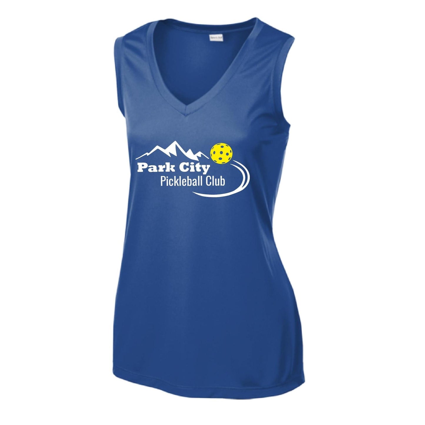 Park City Pickleball Club (White Words) Customizable | Women’s Sleeveless Athletic Performance T-Shirt | 100% Polyester