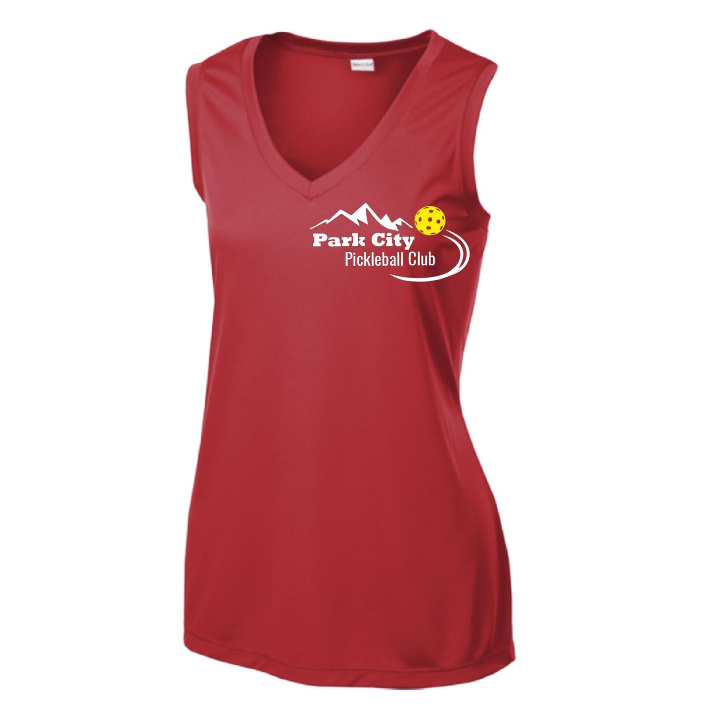 Park City Pickleball Club (White Words) Customizable | Women’s Sleeveless Athletic Performance T-Shirt | 100% Polyester