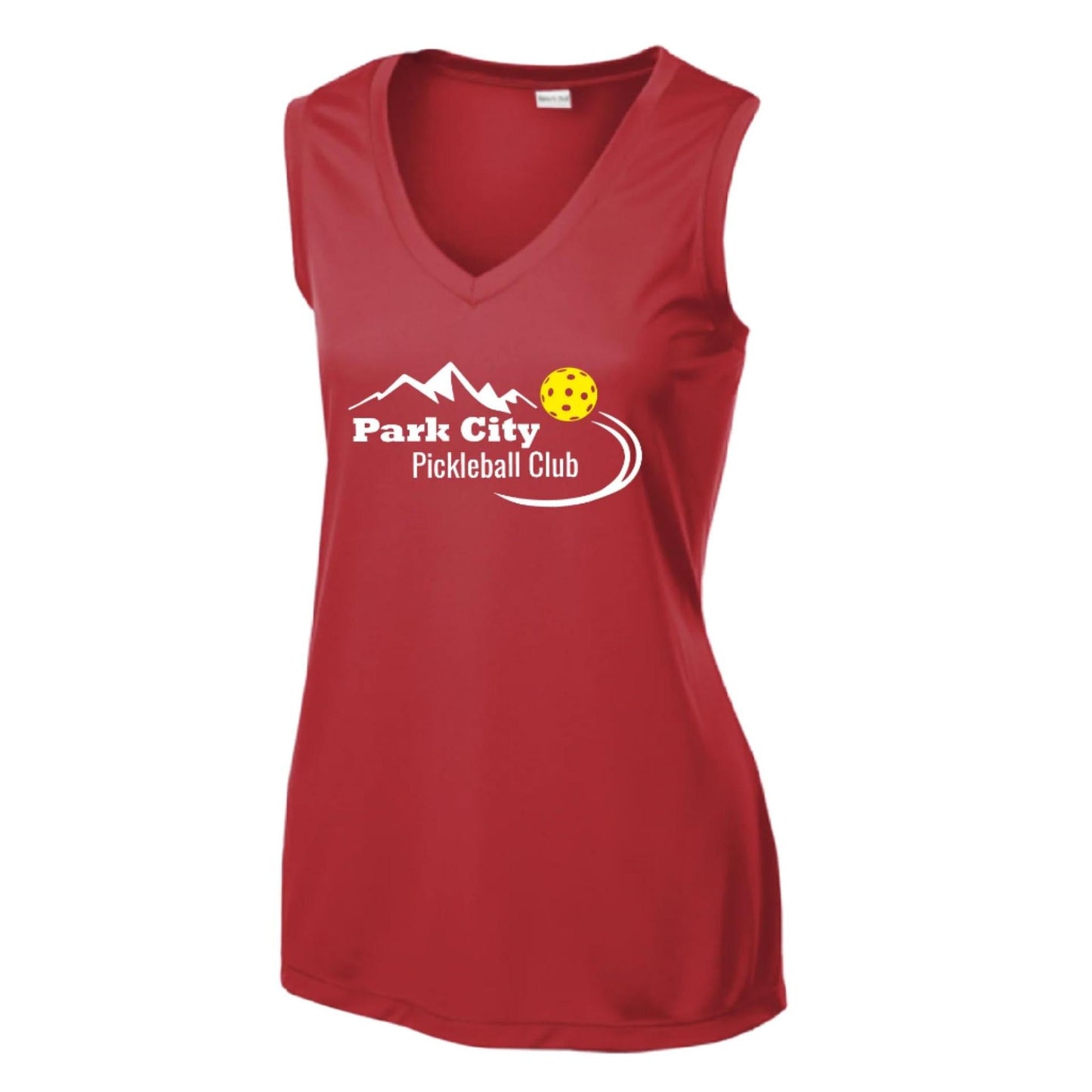 Park City Pickleball Club (White Words) Customizable | Women’s Sleeveless Athletic Performance T-Shirt | 100% Polyester