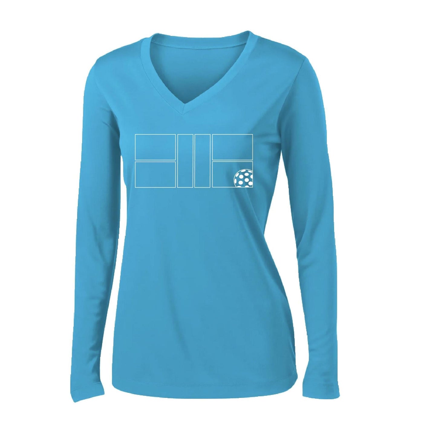 Pickleball Court (White) | Women's Long Sleeve V-Neck Pickleball Performance T-Shirts | 100% Polyester