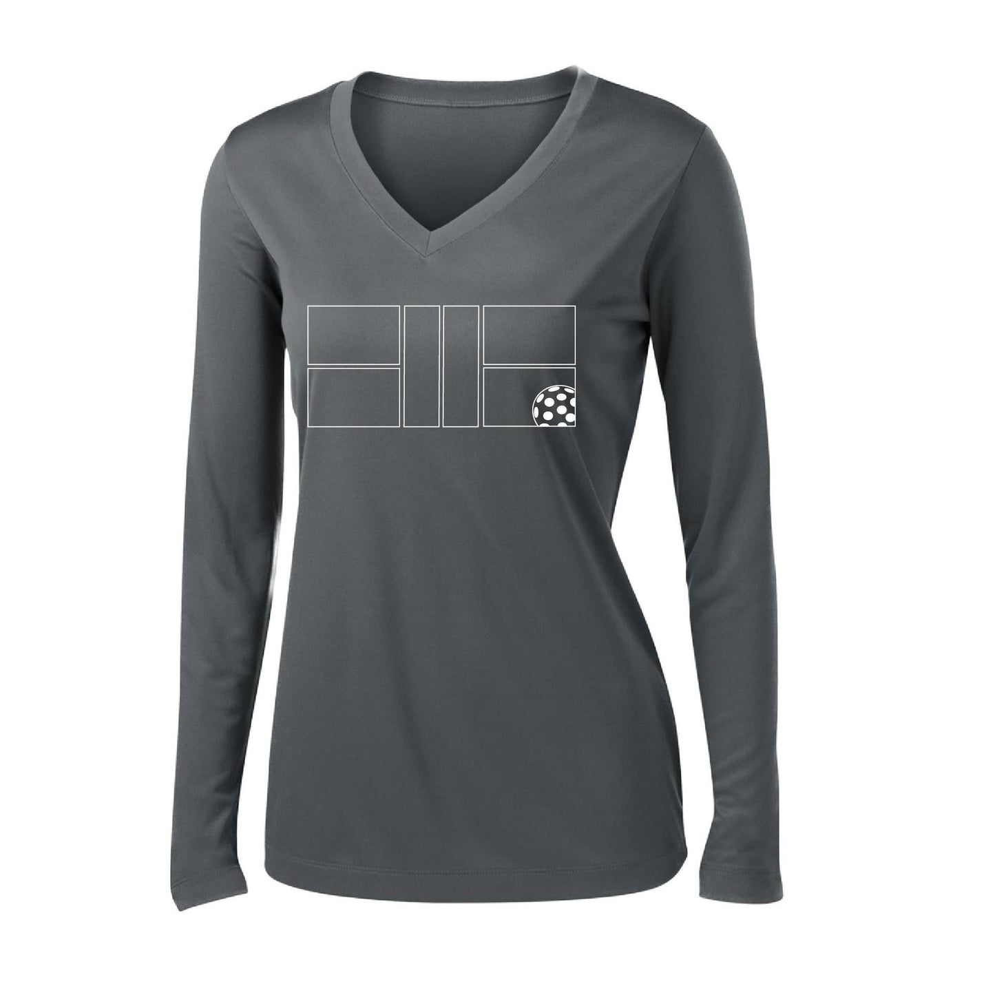 Pickleball Court (White) | Women's Long Sleeve V-Neck Pickleball Performance T-Shirts | 100% Polyester