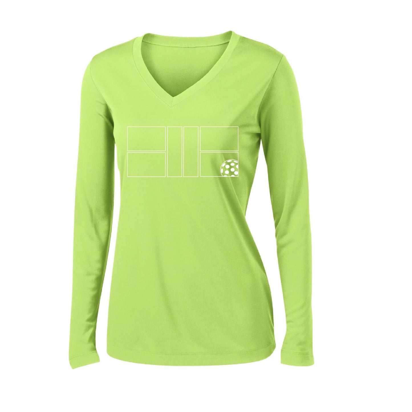 Pickleball Court (White) | Women's Long Sleeve V-Neck Pickleball Performance T-Shirts | 100% Polyester