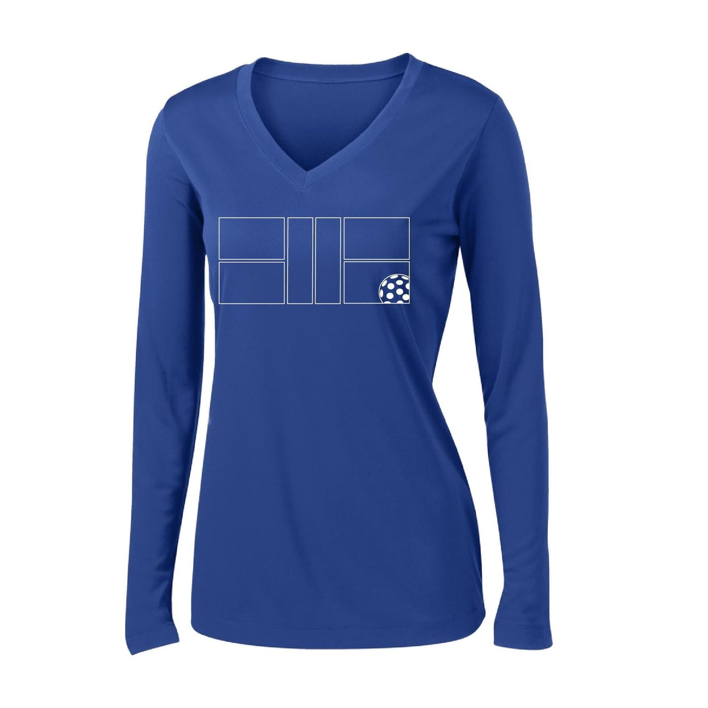 Pickleball Court (White) | Women's Long Sleeve V-Neck Pickleball Performance T-Shirts | 100% Polyester
