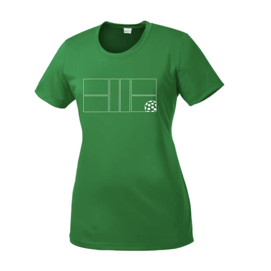 Pickleball Court (White) | Women’s Short Sleeve Crewneck Pickleball Performance T-Shirts | 100% Polyester