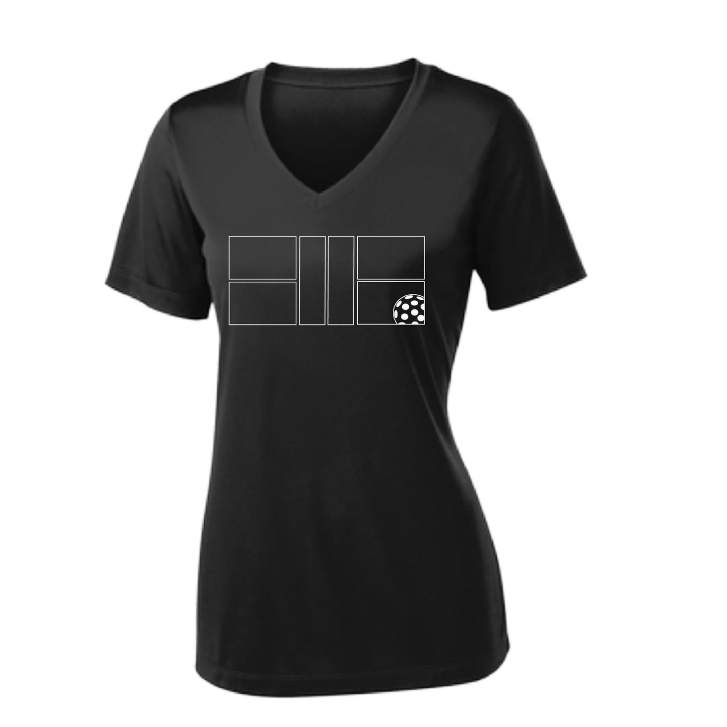 Pickleball Court (White) | Women's Short Sleeve V-Neck Pickleball Performance T-Shirts | 100% Polyester