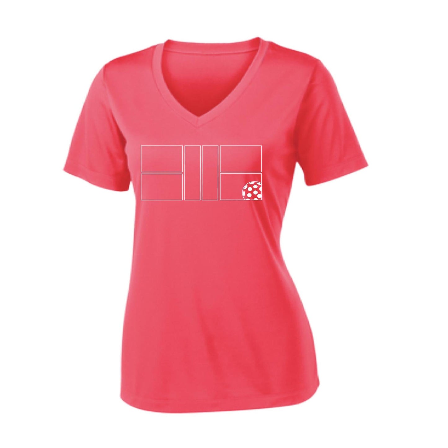 Pickleball Court (White) | Women's Short Sleeve V-Neck Pickleball Performance T-Shirts | 100% Polyester
