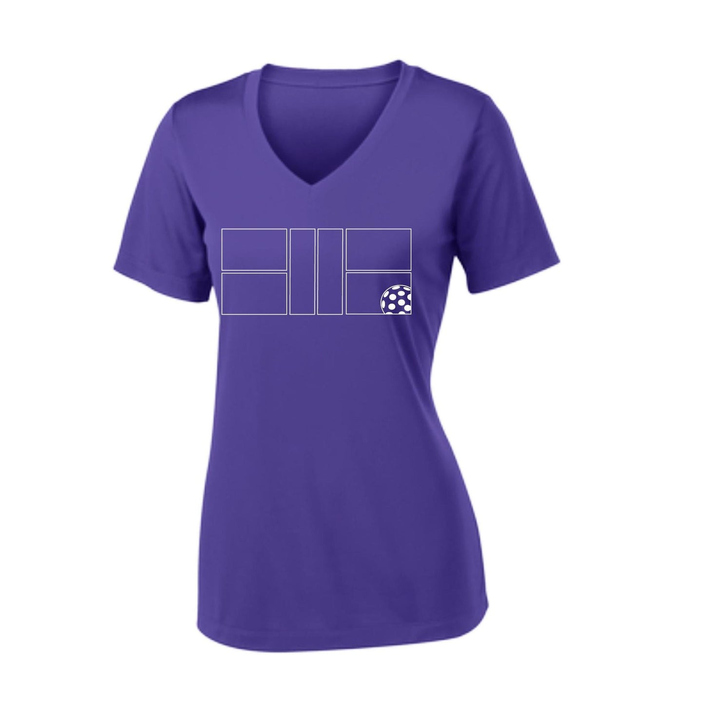 Pickleball Court (White) | Women's Short Sleeve V-Neck Pickleball Performance T-Shirts | 100% Polyester