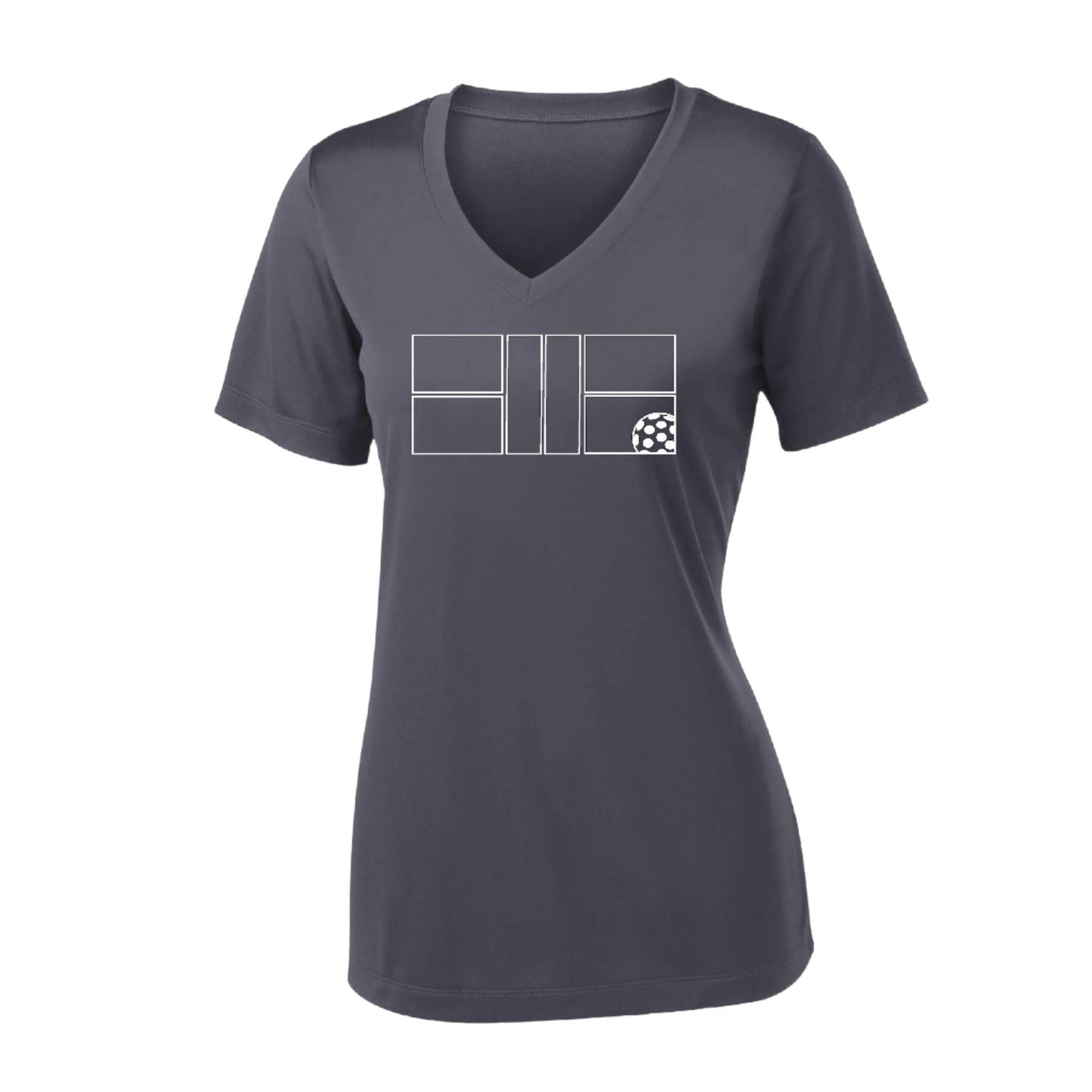 Pickleball Court (White) | Women's Short Sleeve V-Neck Pickleball Performance T-Shirts | 100% Polyester