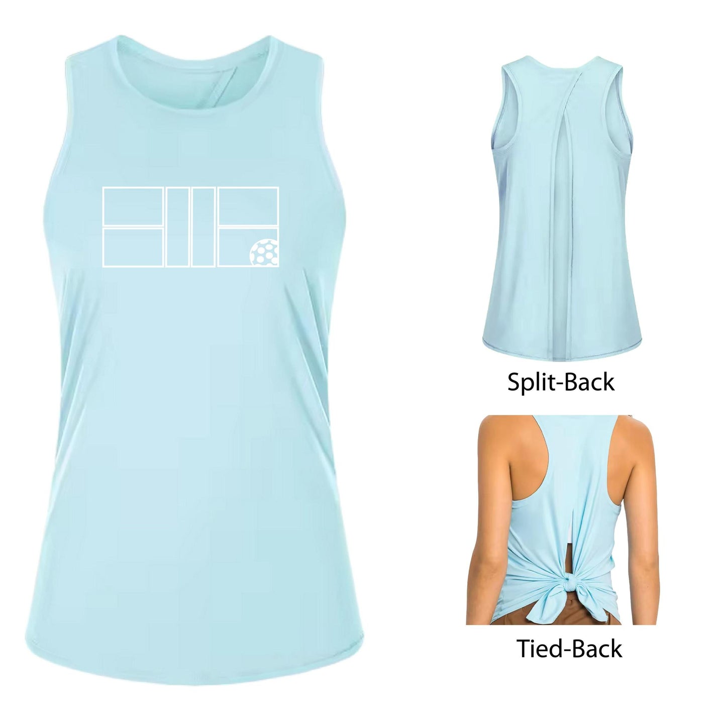 Pickleball Court (White) | Women's Split Back or Tied Back Pickleball Tank | 80/20 Nylon Spandex Mix