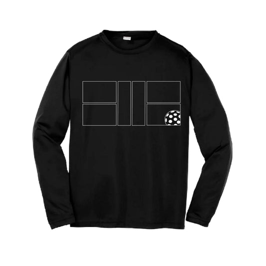 Pickleball Court (White) | Youth Long Sleeve Pickleball Performance T-Shirts | 100% Polyester