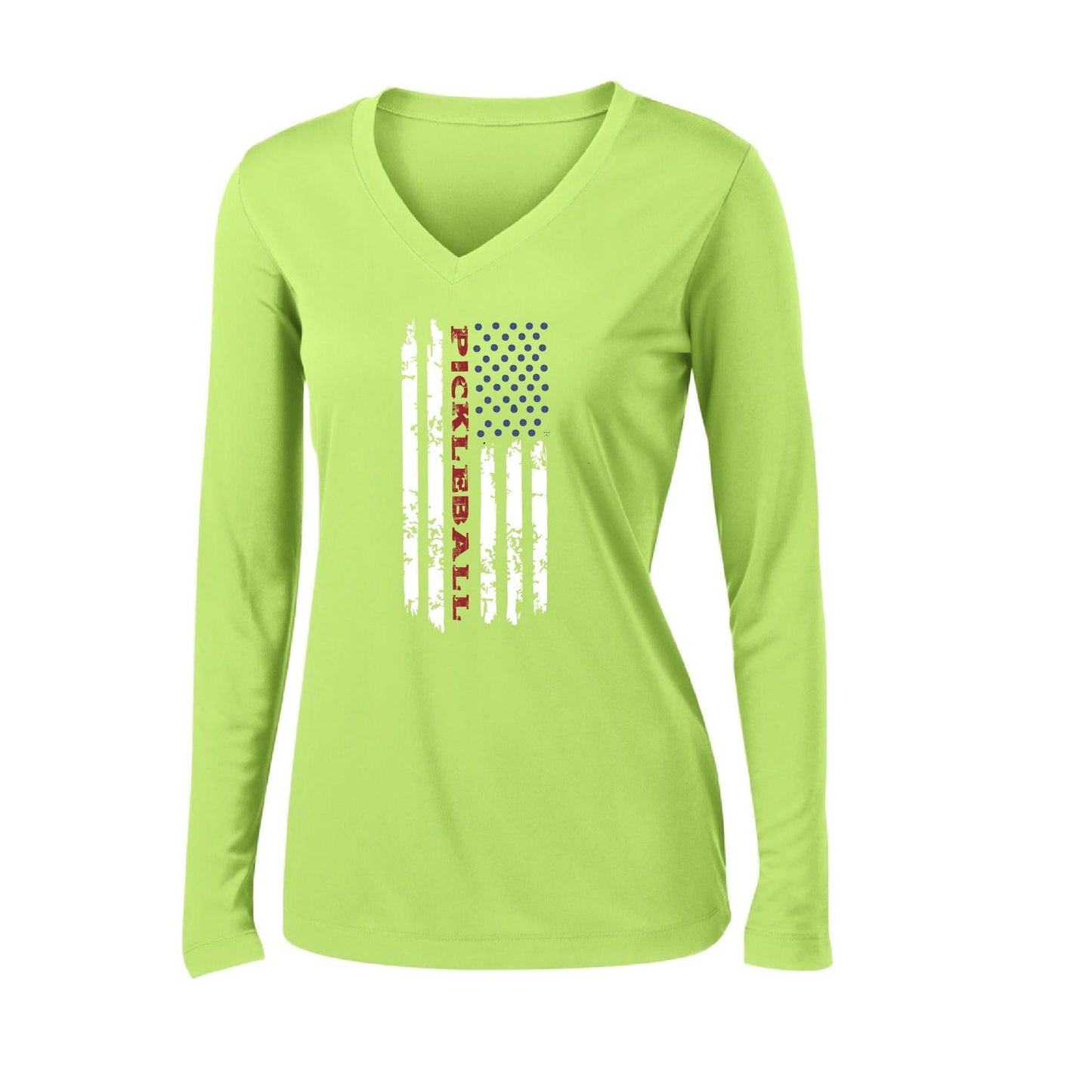 Pickleball Flag (Customizable) | Women's Long Sleeve V-Neck Pickleball Performance T-Shirts | 100% Polyester