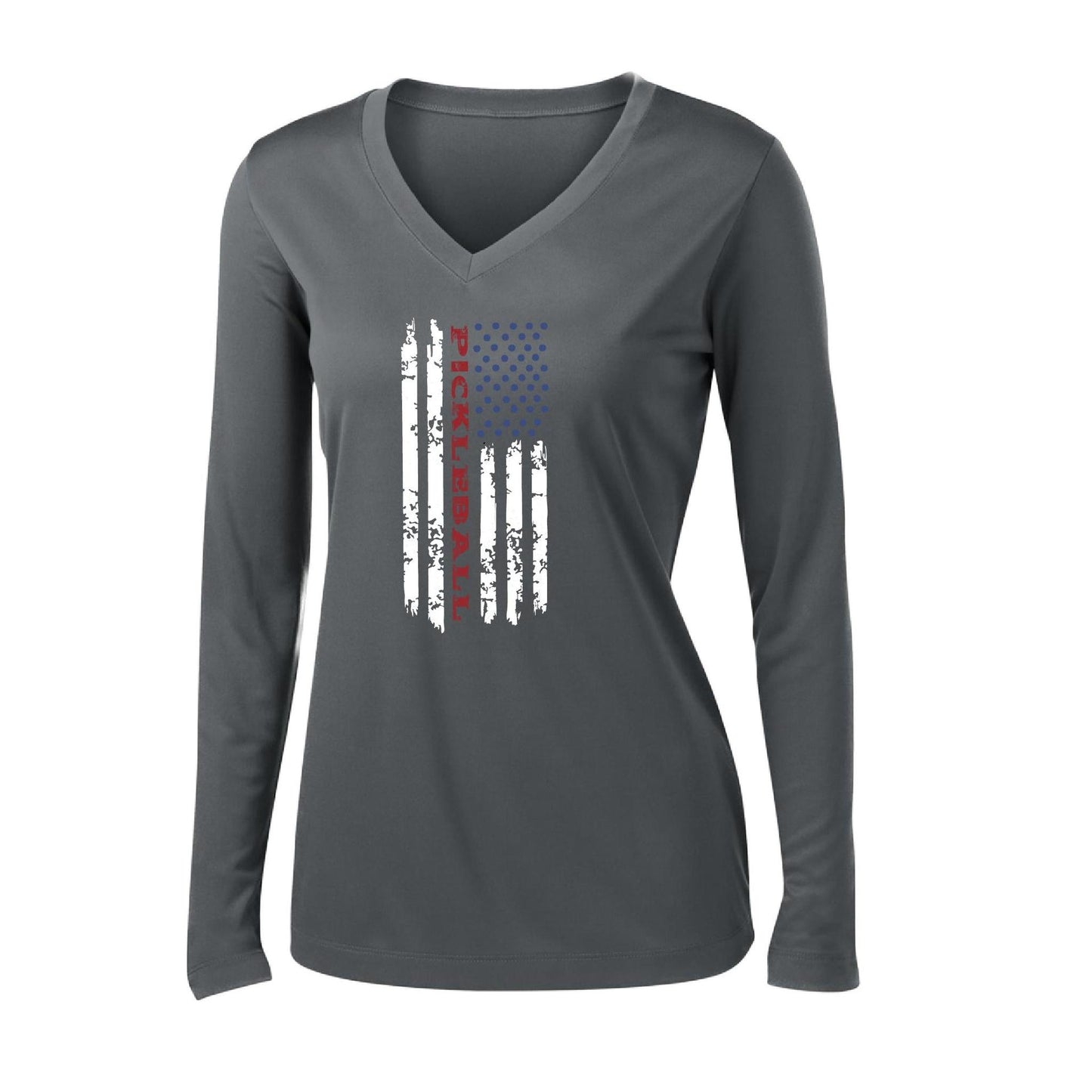 Pickleball Flag (Customizable) | Women's Long Sleeve V-Neck Pickleball Performance T-Shirts | 100% Polyester
