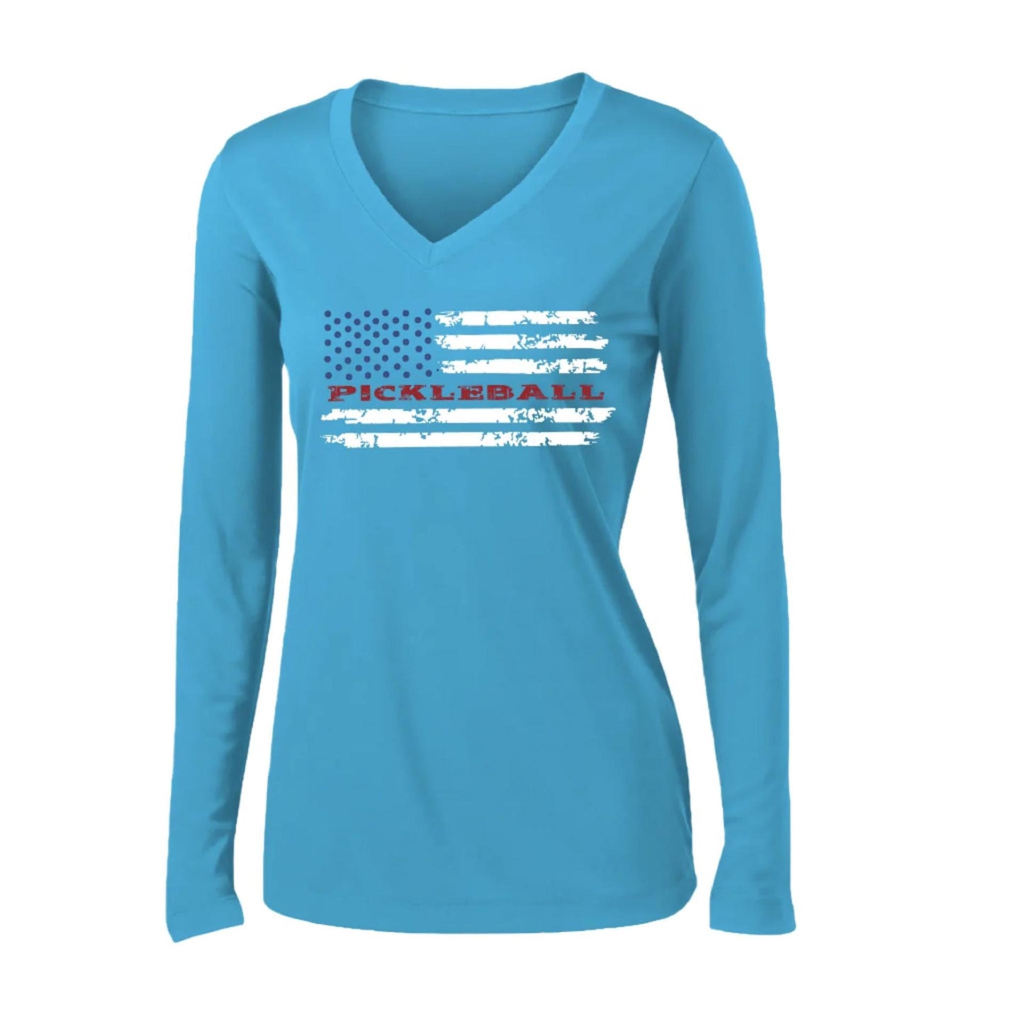 Pickleball Flag (Customizable) | Women's Long Sleeve V-Neck Pickleball Performance T-Shirts | 100% Polyester