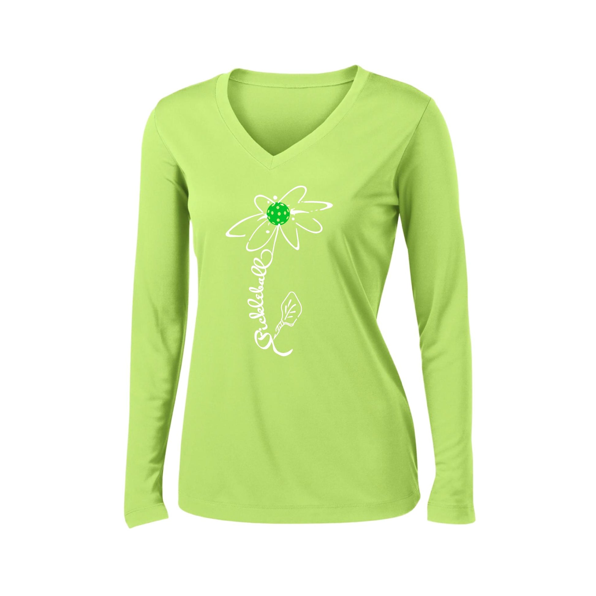 Pickleball Flower (Cyan Green Orange) | Women’s Long Sleeve V-Neck Pickleball Performance T-Shirt | 100% Polyester