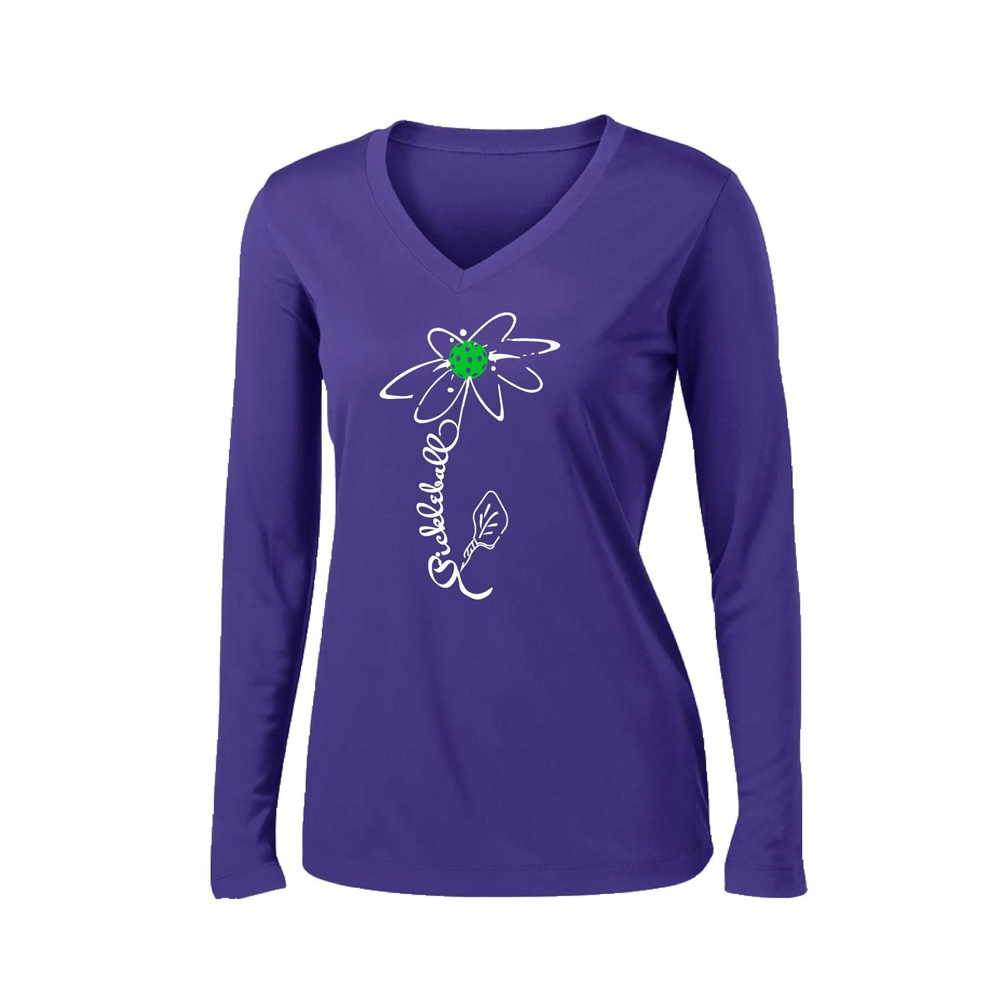Pickleball Flower (Cyan Green Orange) | Women’s Long Sleeve V-Neck Pickleball Performance T-Shirt | 100% Polyester