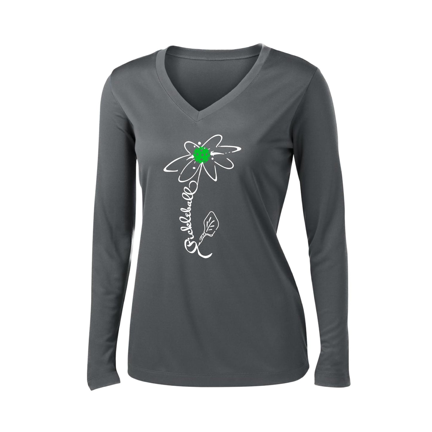 Pickleball Flower (Cyan Green Orange) | Women’s Long Sleeve V-Neck Pickleball Performance T-Shirt | 100% Polyester