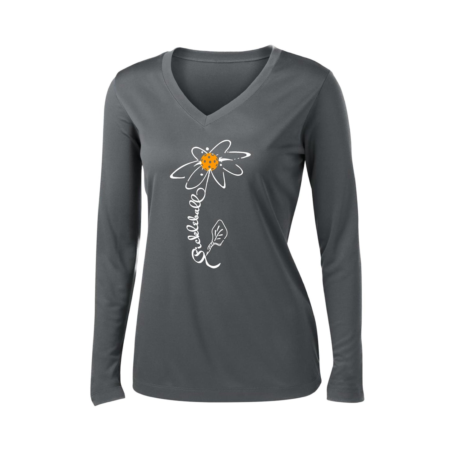Pickleball Flower (Cyan Green Orange) | Women’s Long Sleeve V-Neck Pickleball Performance T-Shirt | 100% Polyester