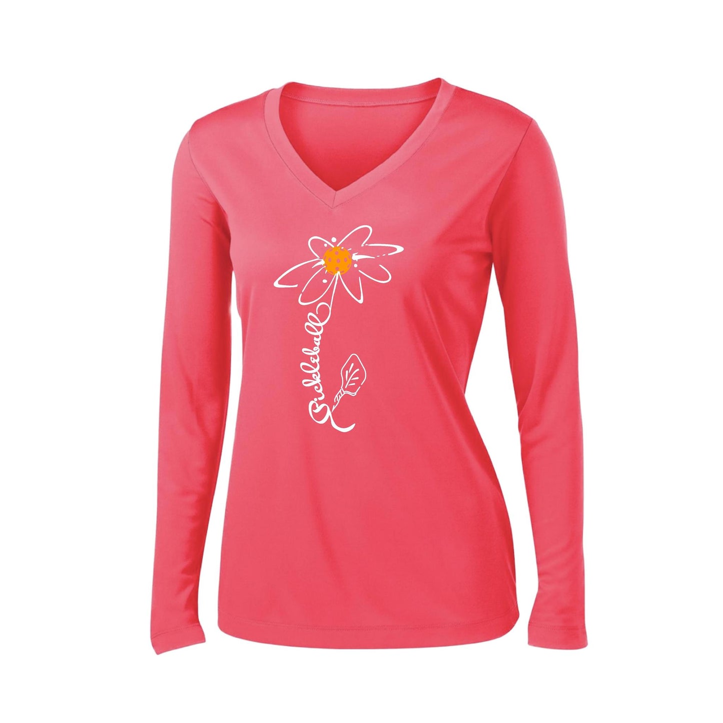 Pickleball Flower (Cyan Green Orange) | Women’s Long Sleeve V-Neck Pickleball Performance T-Shirt | 100% Polyester
