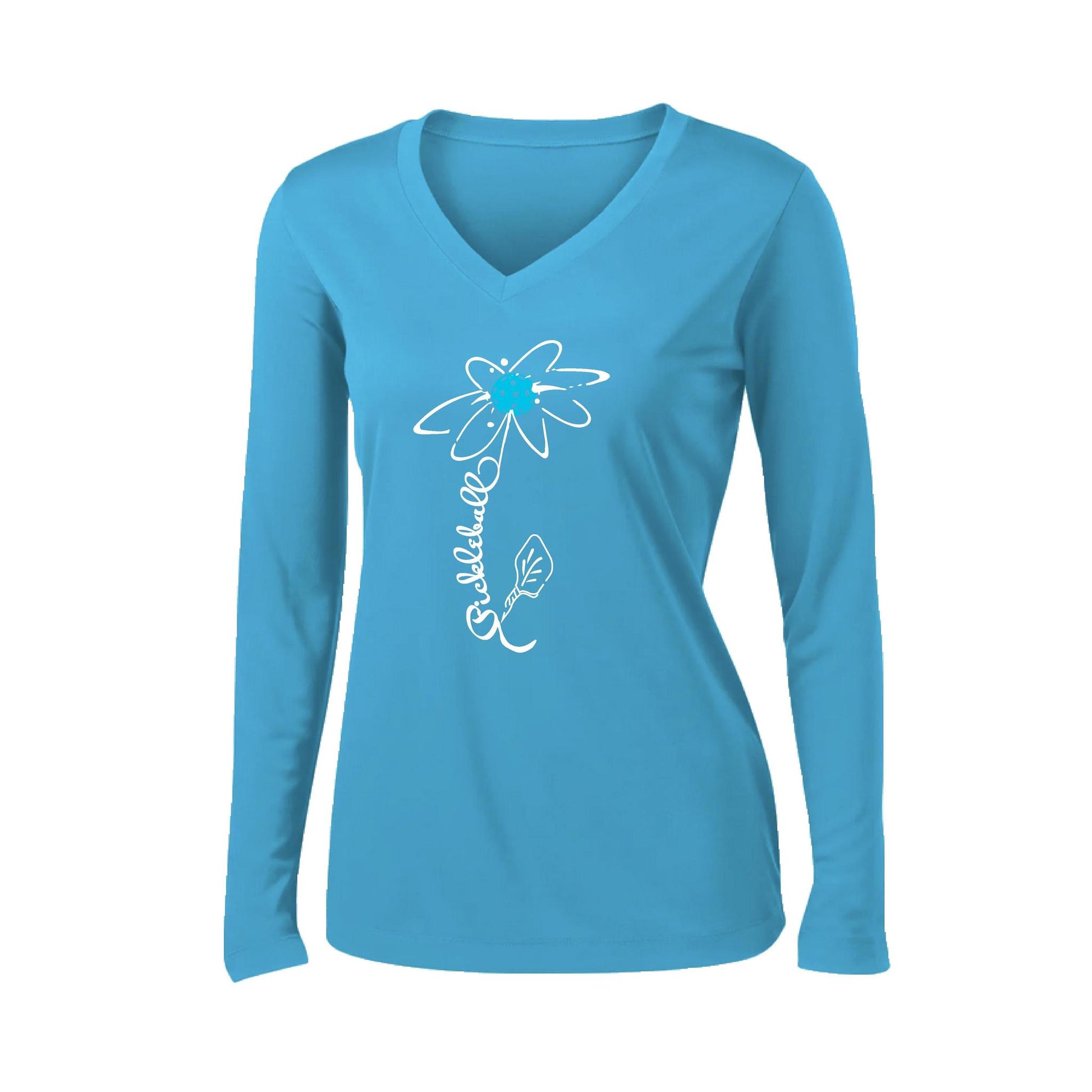 Pickleball Flower (Cyan Green Orange) | Women’s Long Sleeve V-Neck Pickleball Performance T-Shirt | 100% Polyester