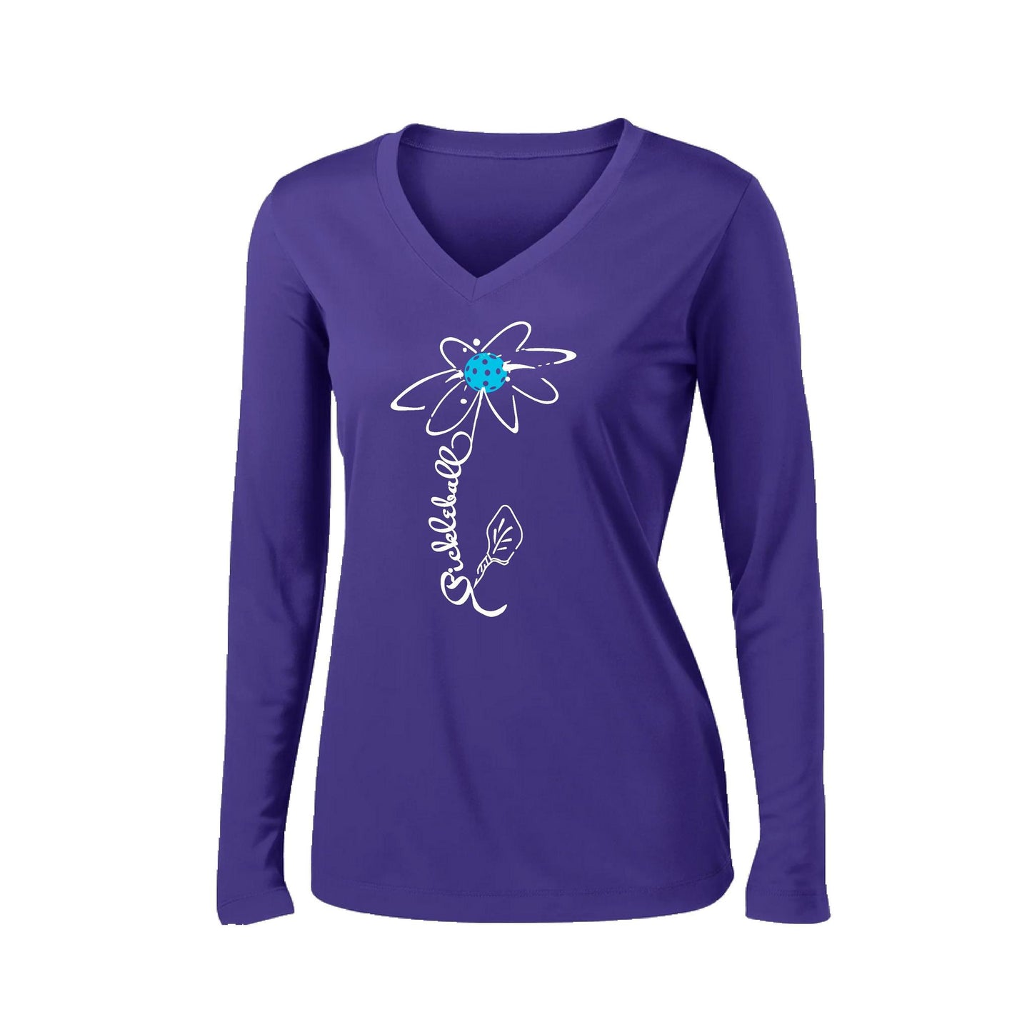 Pickleball Flower (Cyan Green Orange) | Women’s Long Sleeve V-Neck Pickleball Performance T-Shirt | 100% Polyester