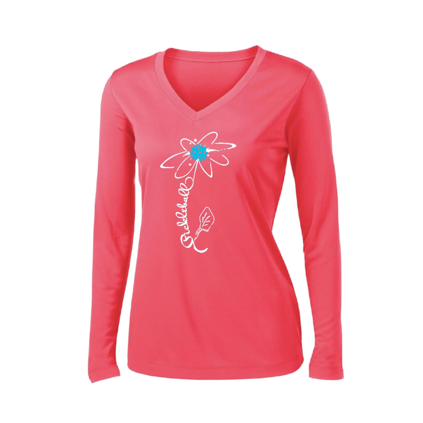Pickleball Flower (Cyan Green Orange) | Women’s Long Sleeve V-Neck Pickleball Performance T-Shirt | 100% Polyester