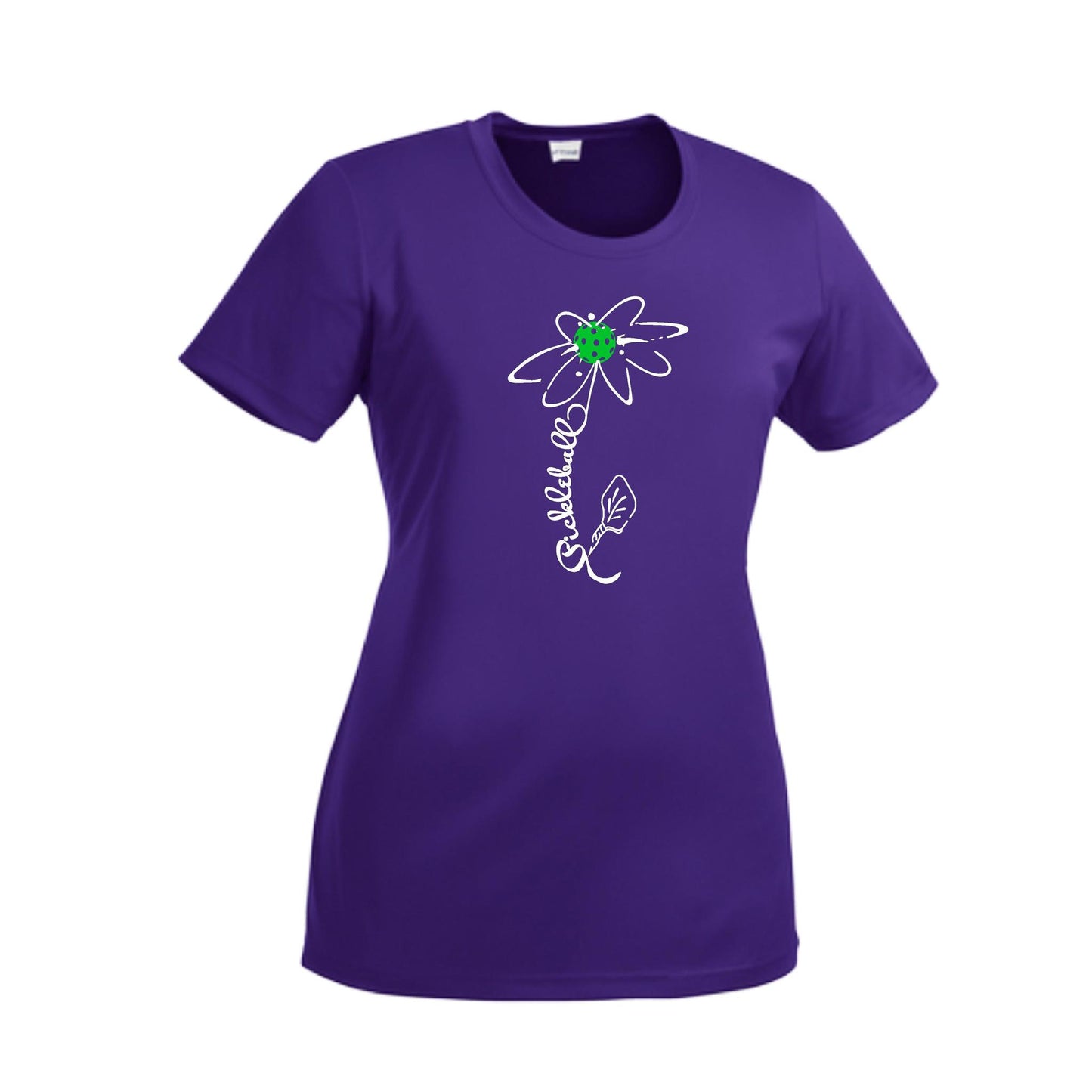Pickleball Flower (Cyan Green Orange) | Women’s Short Sleeve Crewneck Pickleball Performance T-Shirts | 100% Polyester