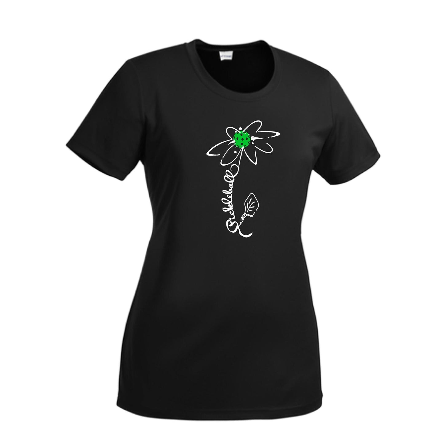 Pickleball Flower (Cyan Green Orange) | Women’s Short Sleeve Crewneck Pickleball Performance T-Shirts | 100% Polyester