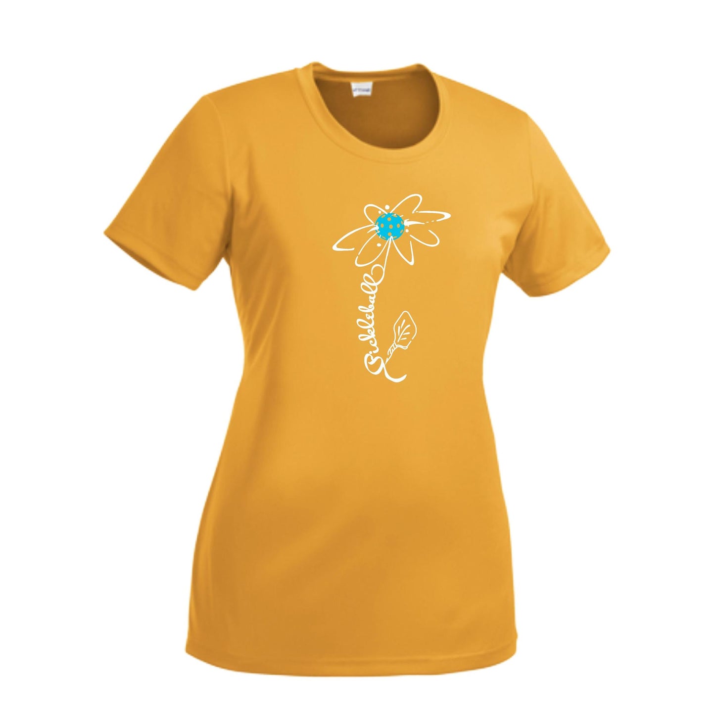 Pickleball Flower (Cyan Green Orange) | Women’s Short Sleeve Crewneck Pickleball Performance T-Shirts | 100% Polyester