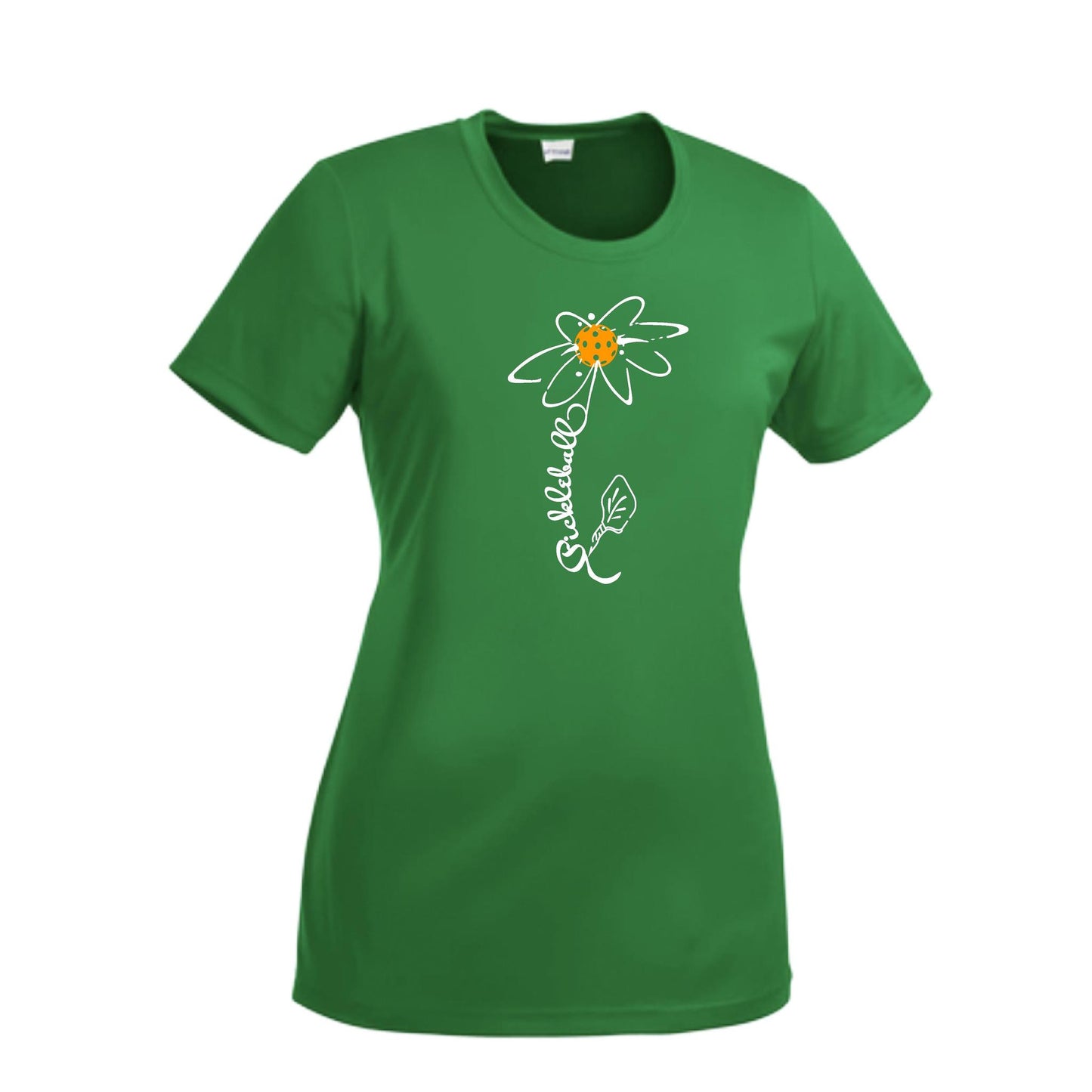 Pickleball Flower (Cyan Green Orange) | Women’s Short Sleeve Crewneck Pickleball Performance T-Shirts | 100% Polyester