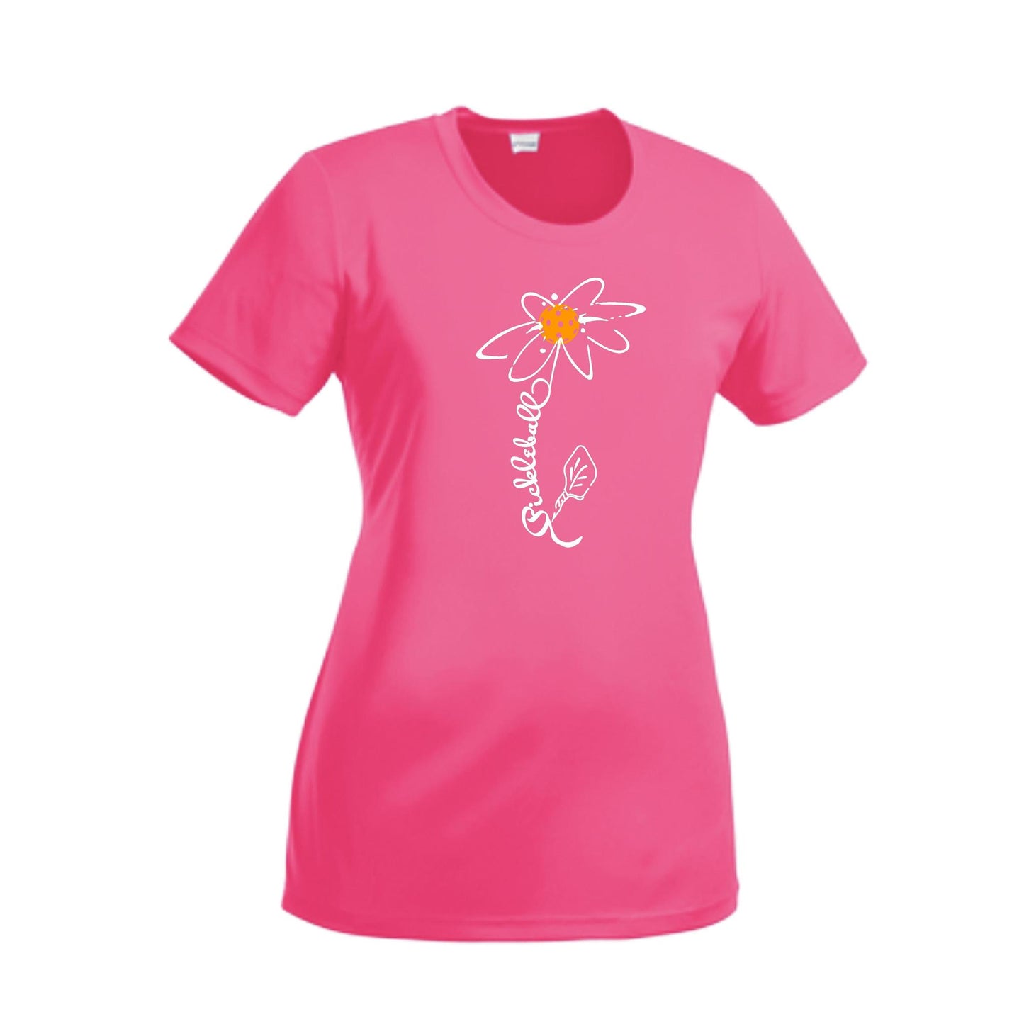 Pickleball Flower (Cyan Green Orange) | Women’s Short Sleeve Crewneck Pickleball Performance T-Shirts | 100% Polyester